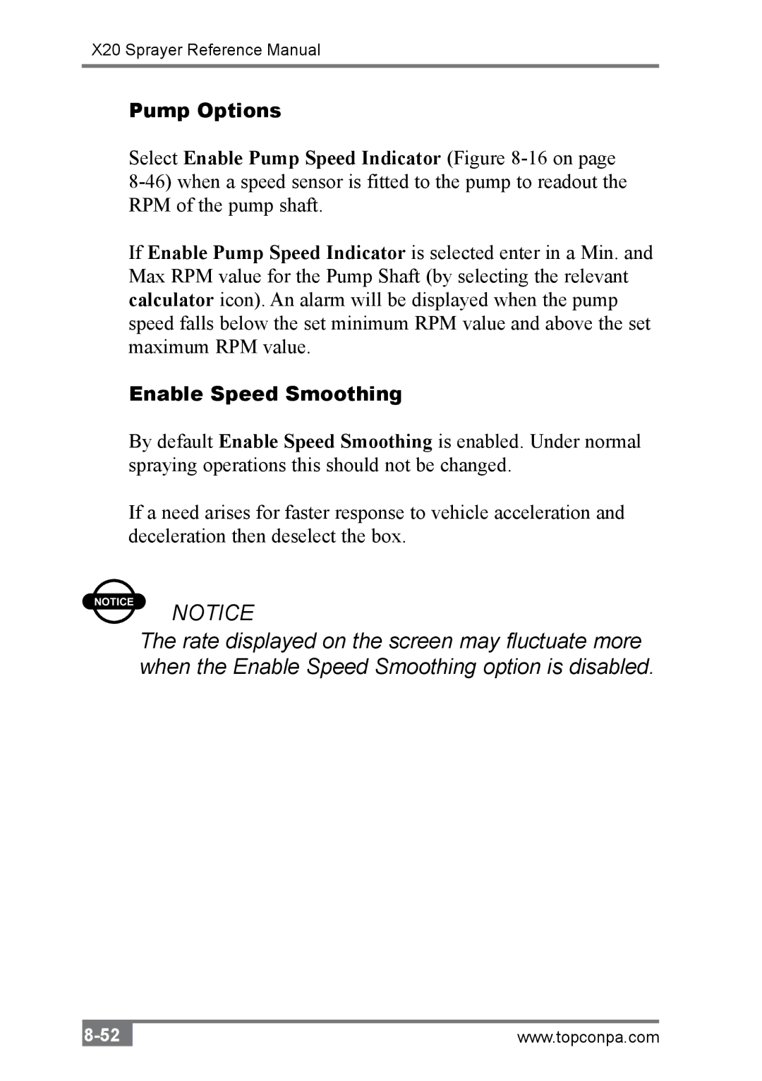 Topcon A2677 manual Pump Options, Enable Speed Smoothing 