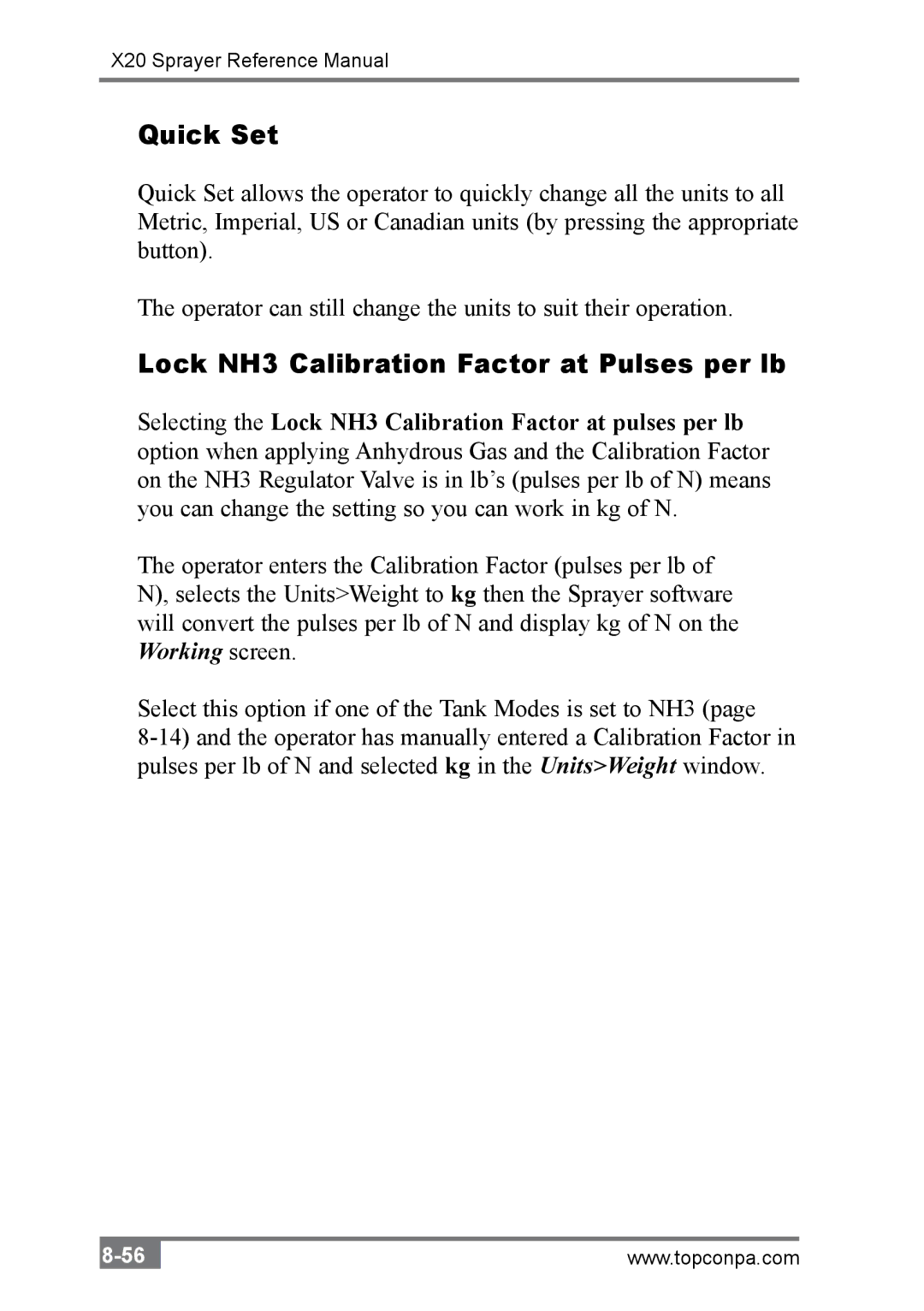 Topcon A2677 manual Quick Set, Lock NH3 Calibration Factor at Pulses per lb 