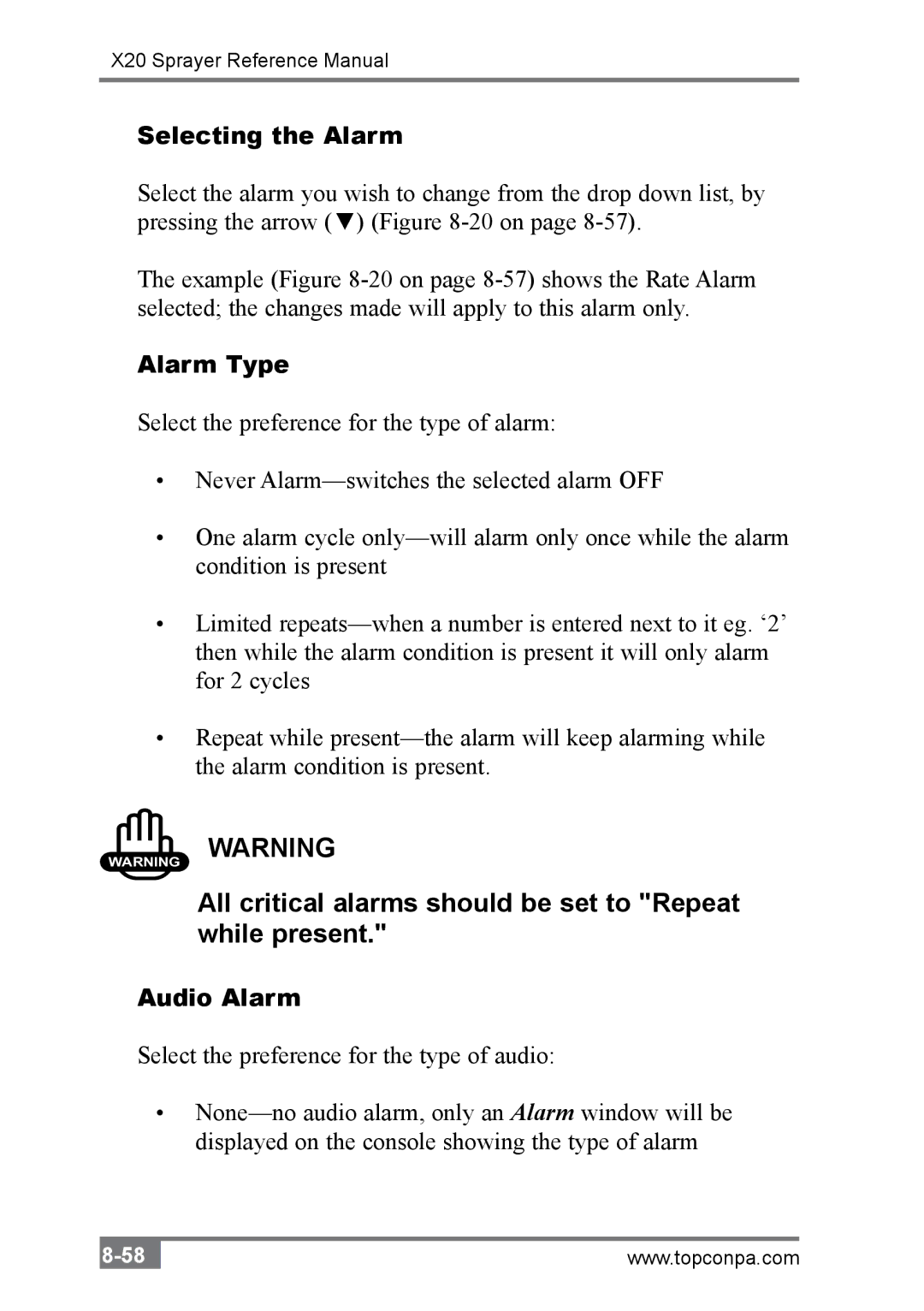 Topcon A2677 manual All critical alarms should be set to Repeat while present, Selecting the Alarm, Alarm Type, Audio Alarm 