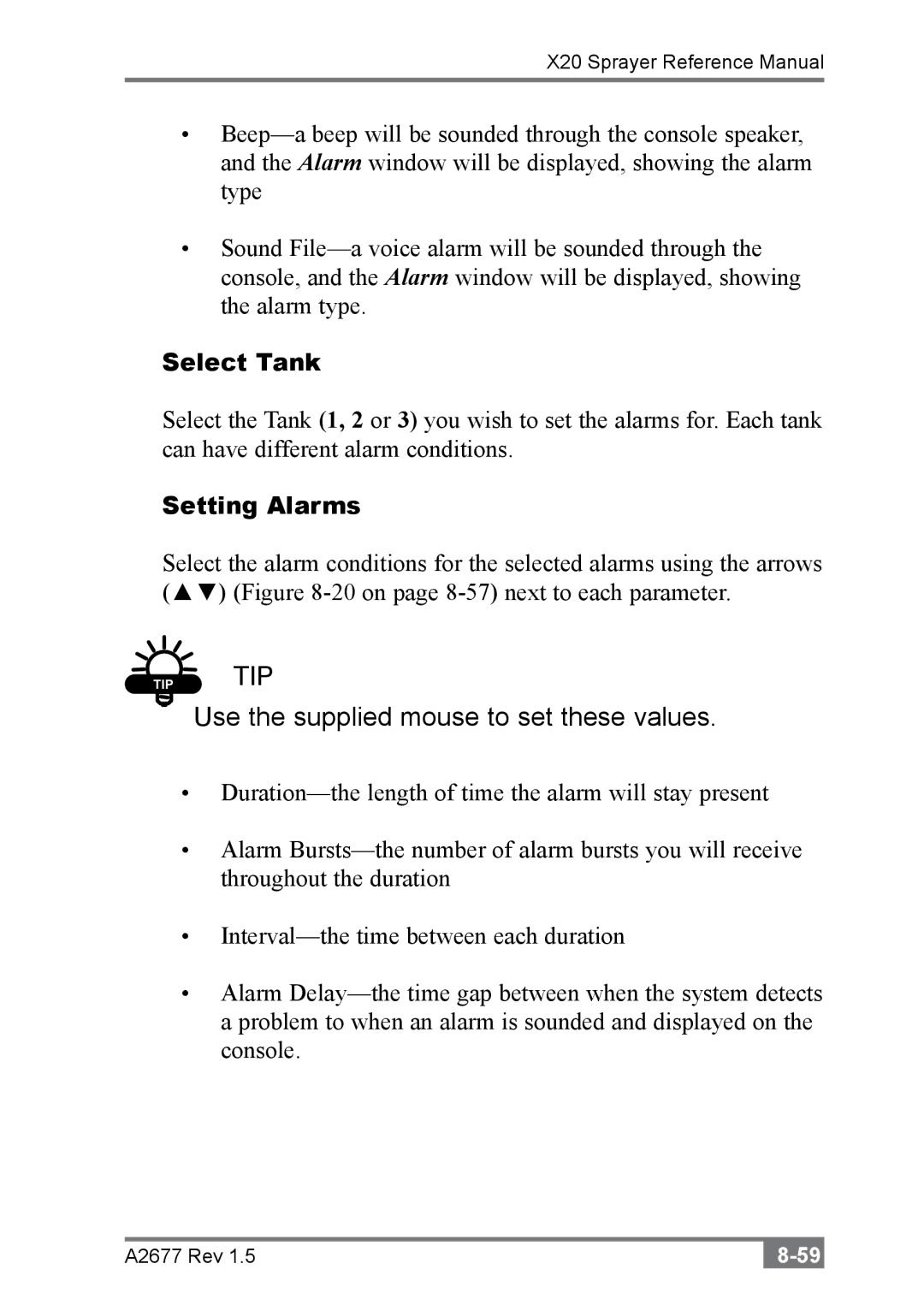 Topcon A2677 manual Select Tank, Setting Alarms 