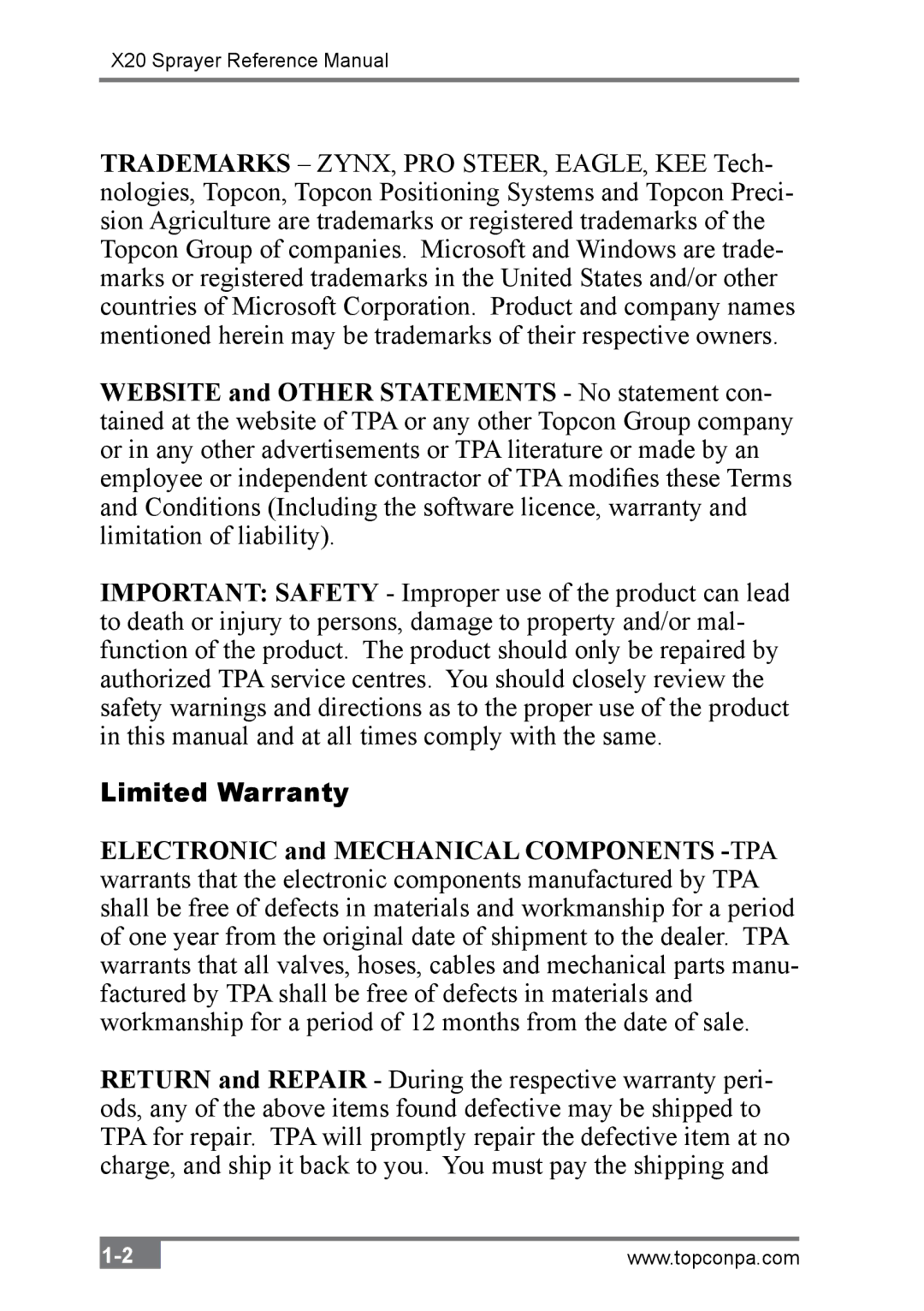 Topcon A2677 manual Limited Warranty 