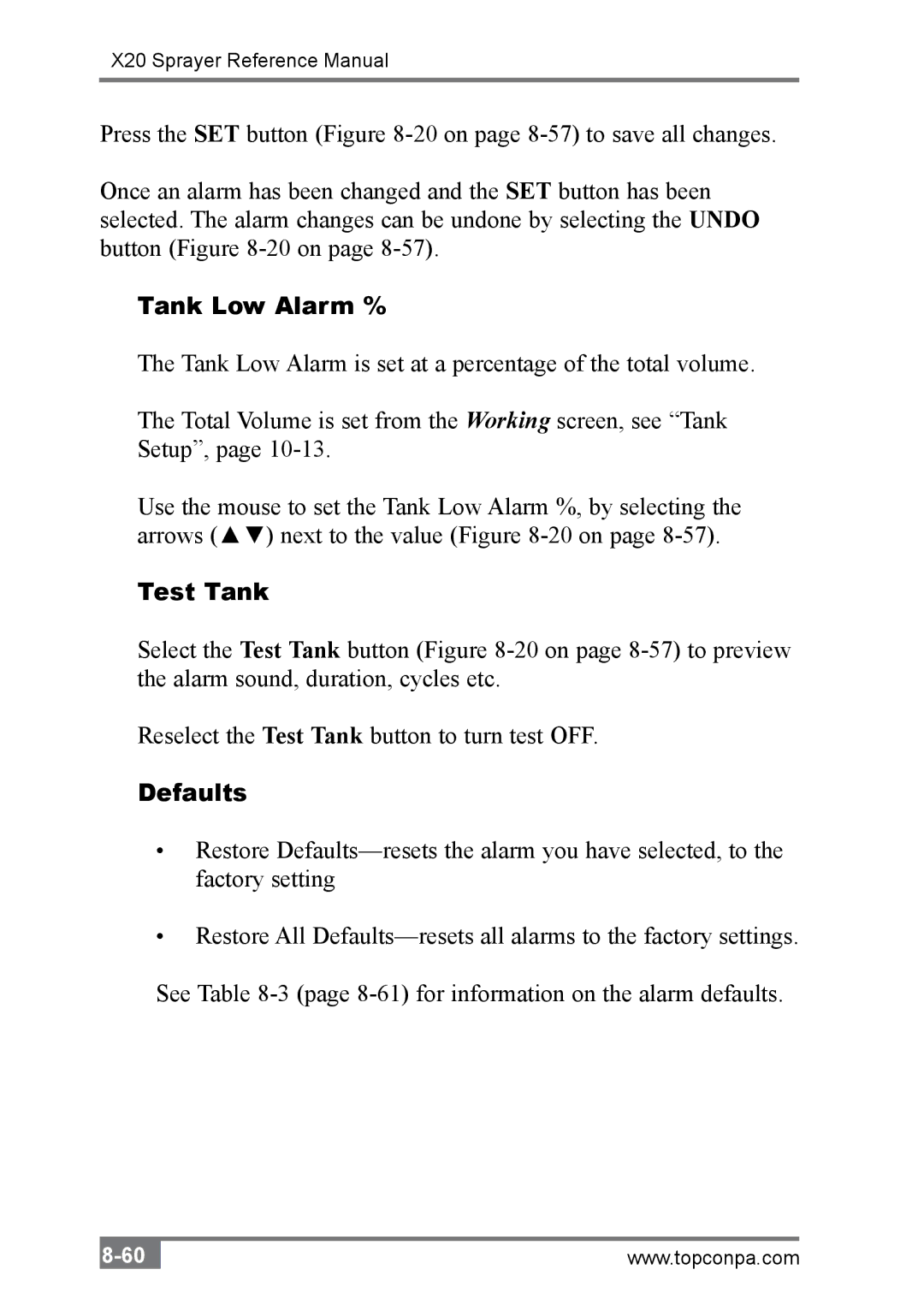Topcon A2677 manual Tank Low Alarm %, Test Tank, Defaults 
