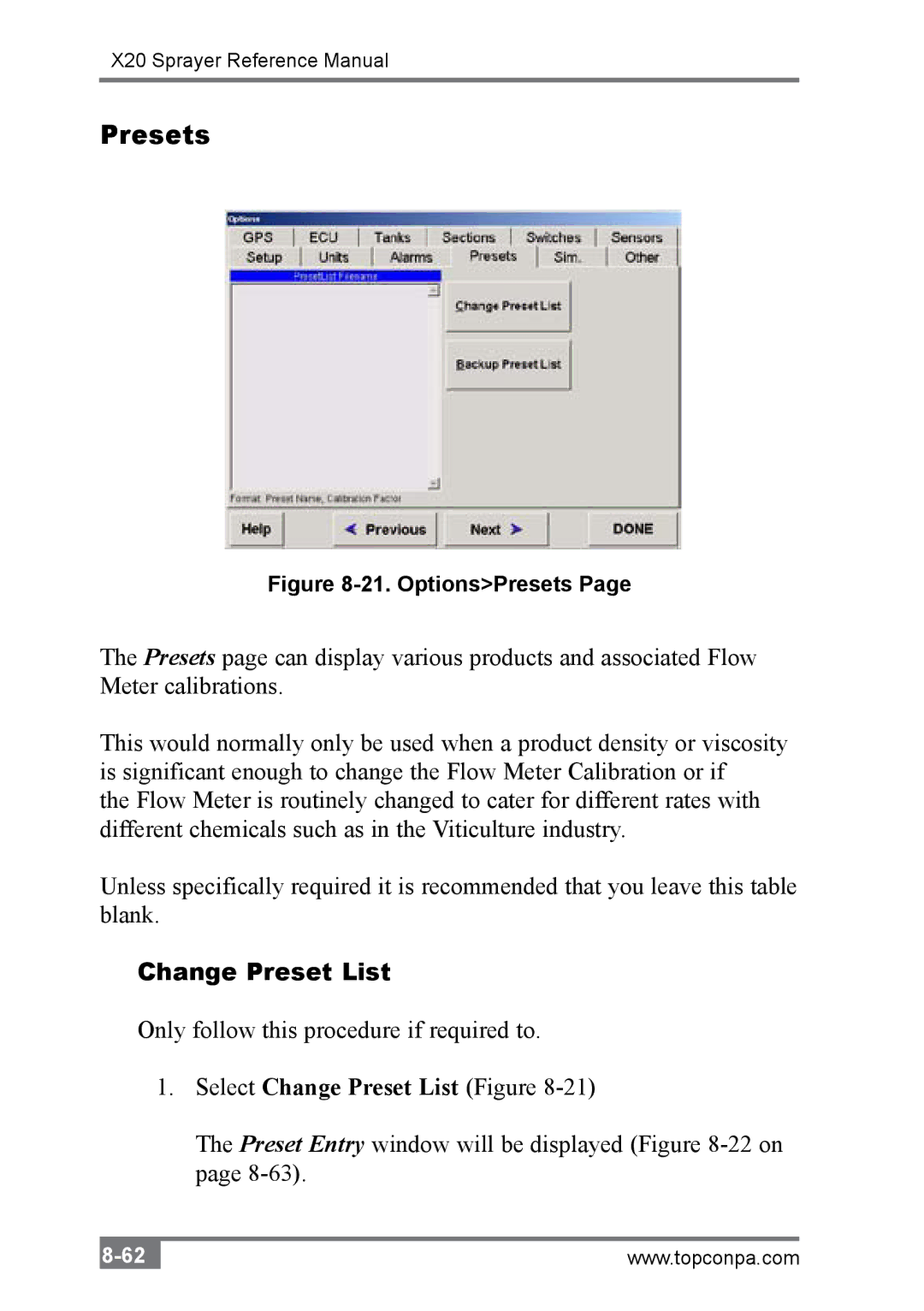 Topcon A2677 manual Presets, Change Preset List 