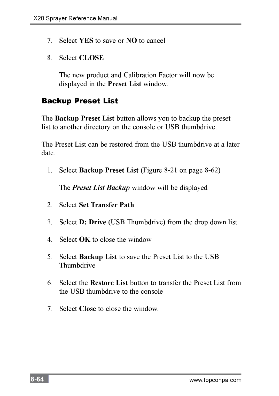 Topcon A2677 manual Backup Preset List, Select Set Transfer Path 