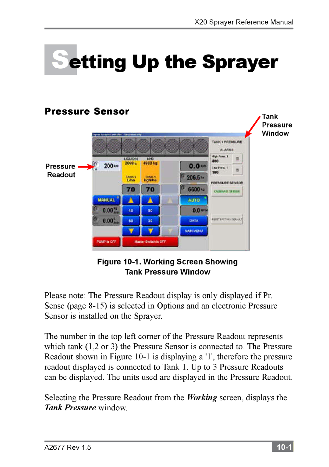 Topcon A2677 manual Setting Up the Sprayer, Pressure Sensor 