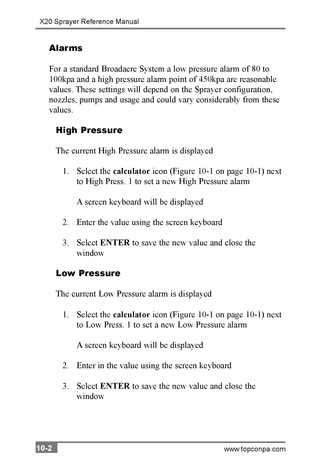 Topcon A2677 manual Alarms, High Pressure, Low Pressure 