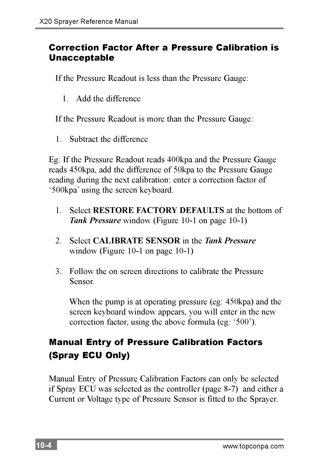 Topcon A2677 manual Manual Entry of Pressure Calibration Factors Spray ECU Only 