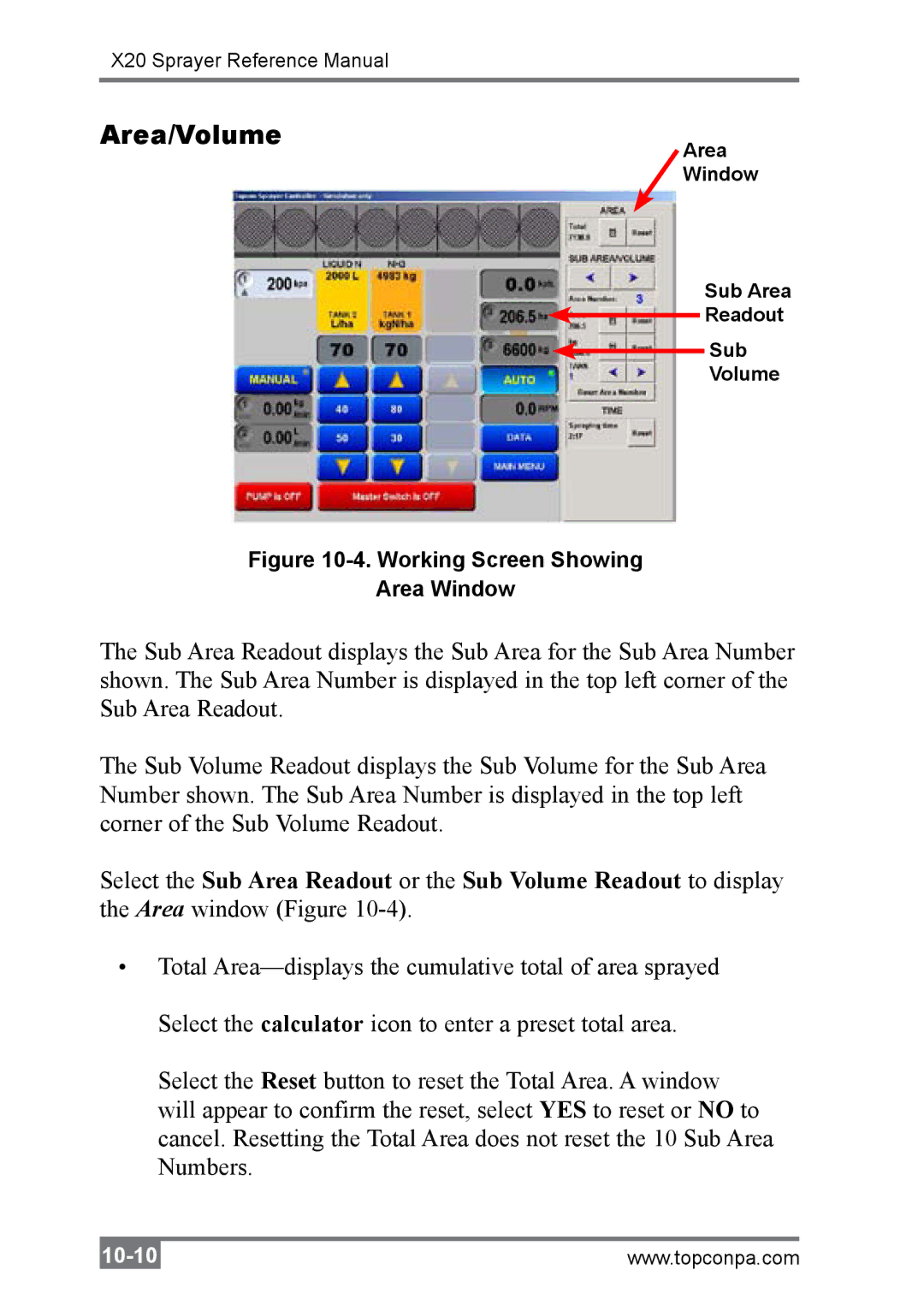 Topcon A2677 manual Area/Volume, Working Screen Showing Area Window 