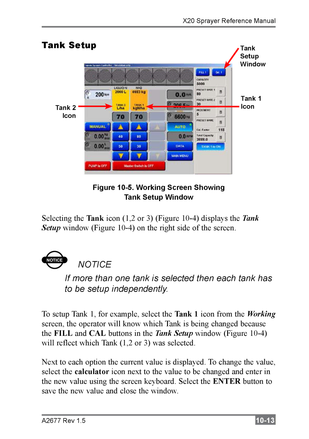 Topcon A2677 manual Working Screen Showing Tank Setup Window 