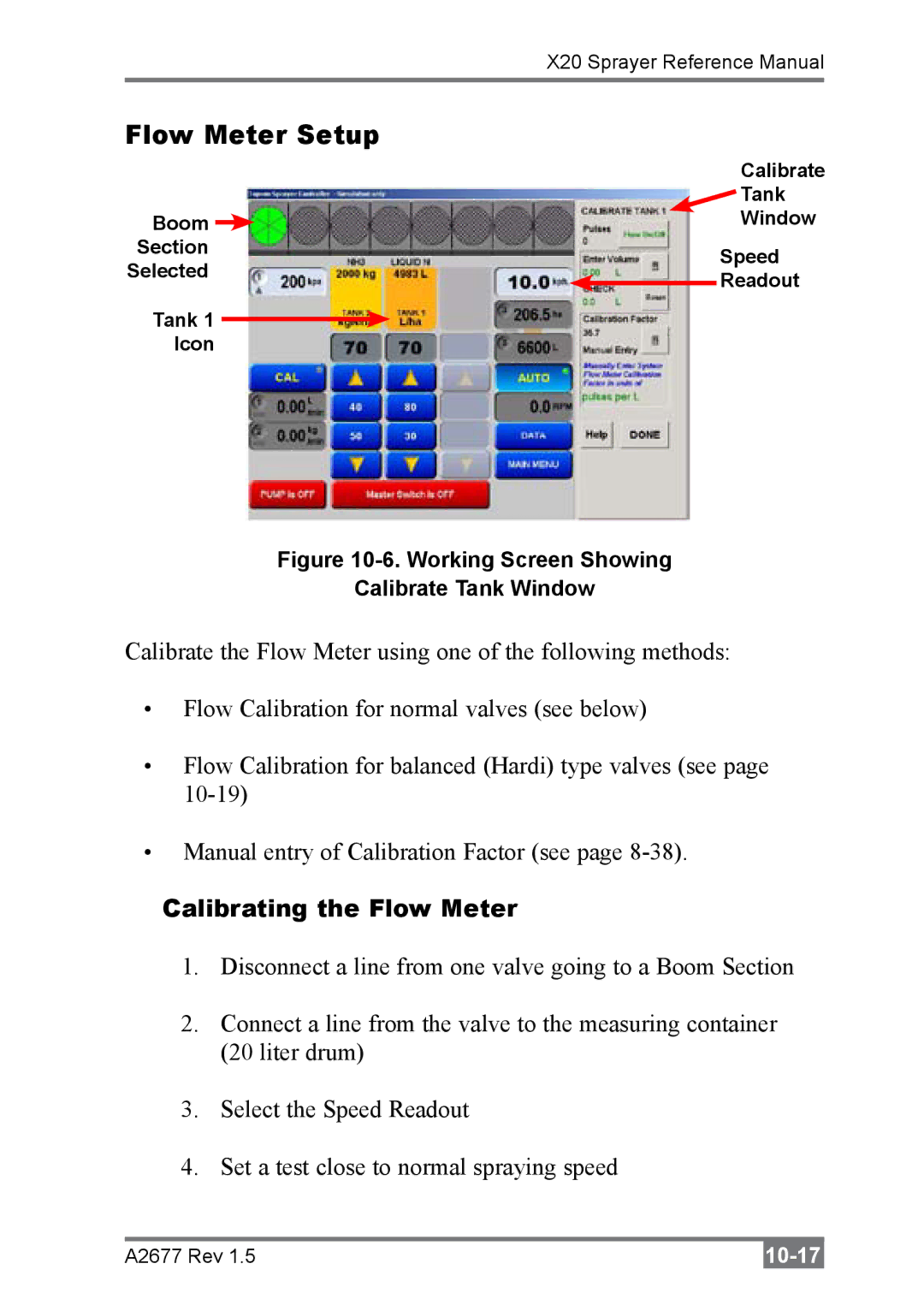 Topcon A2677 manual Flow Meter Setup, Calibrating the Flow Meter 