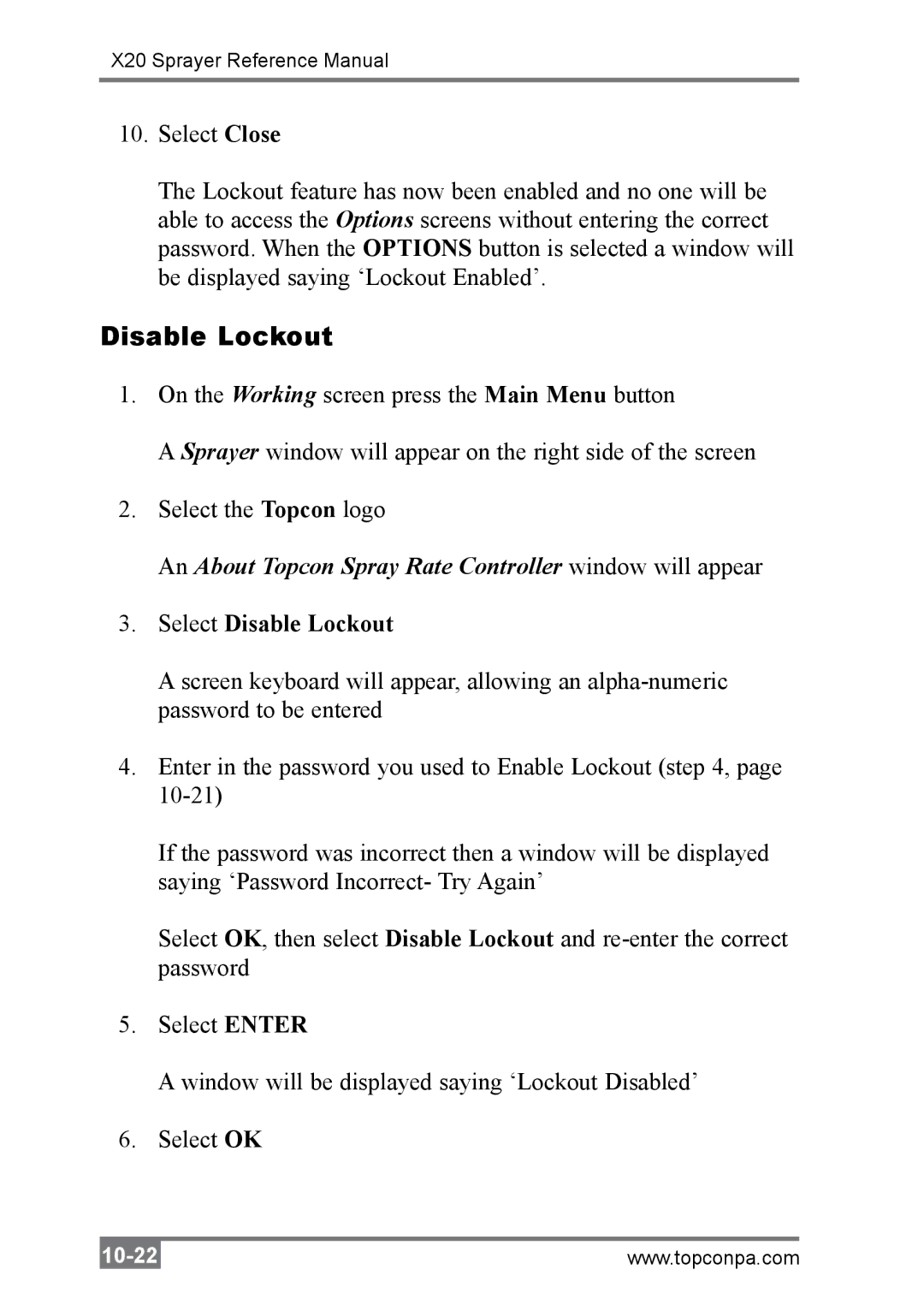 Topcon A2677 manual Select Disable Lockout 