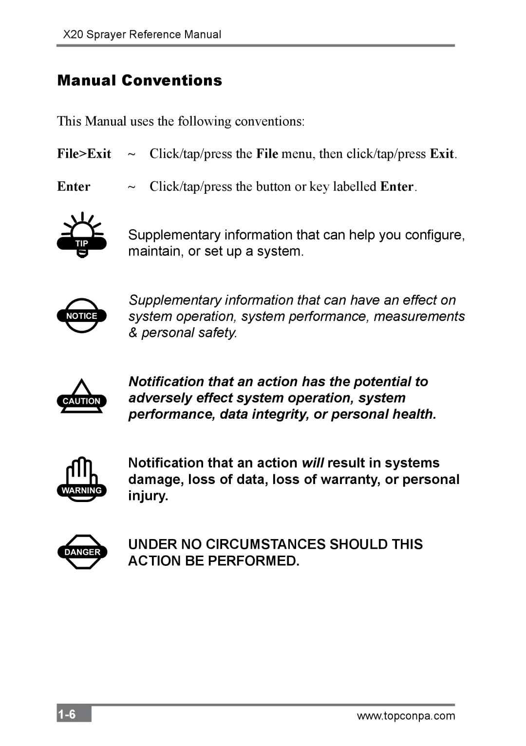 Topcon A2677 manual Manual Conventions, FileExit Enter 