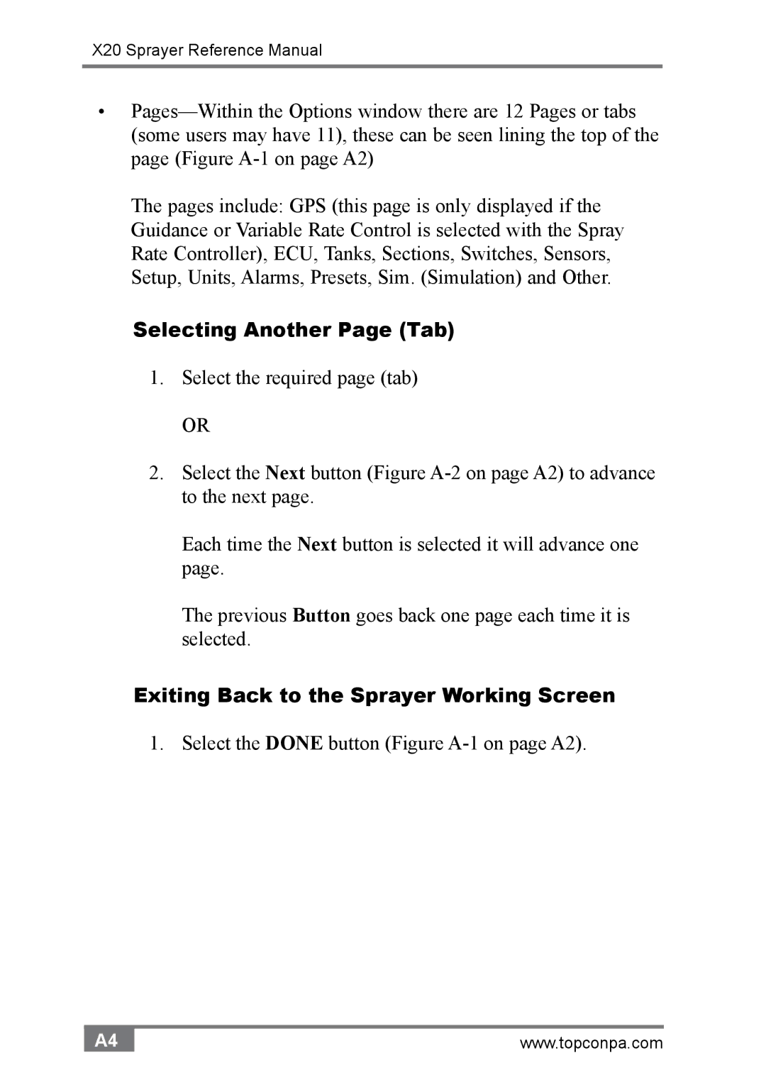 Topcon A2677 manual Selecting Another Page Tab, Exiting Back to the Sprayer Working Screen 