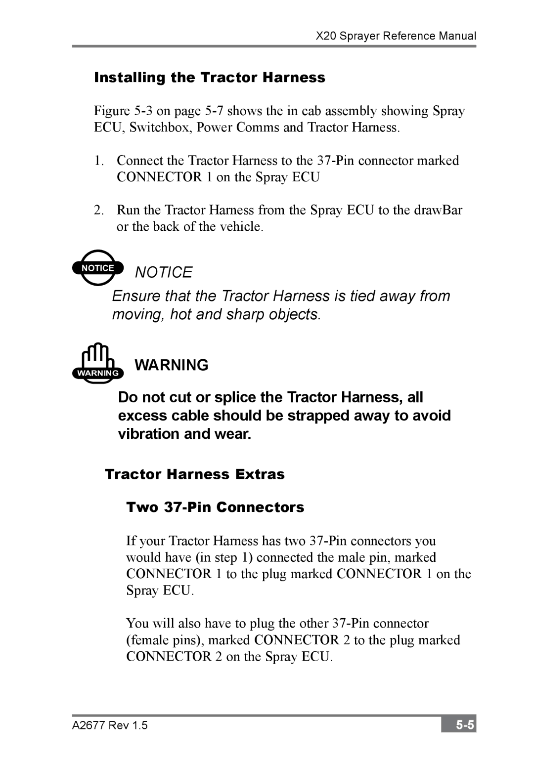 Topcon A2677 manual Installing the Tractor Harness, Tractor Harness Extras Two 37-Pin Connectors 