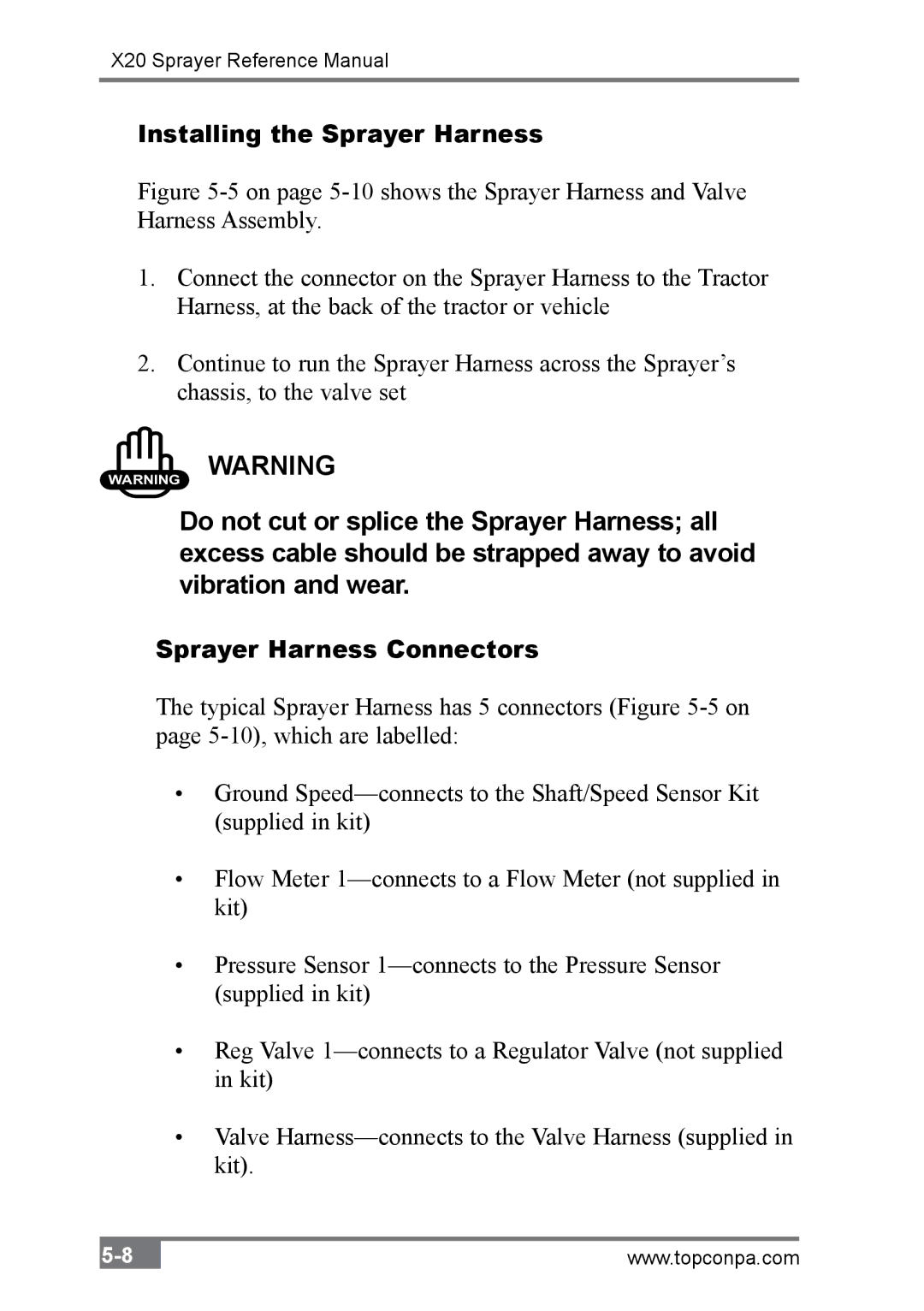 Topcon A2677 manual Installing the Sprayer Harness, Sprayer Harness Connectors 