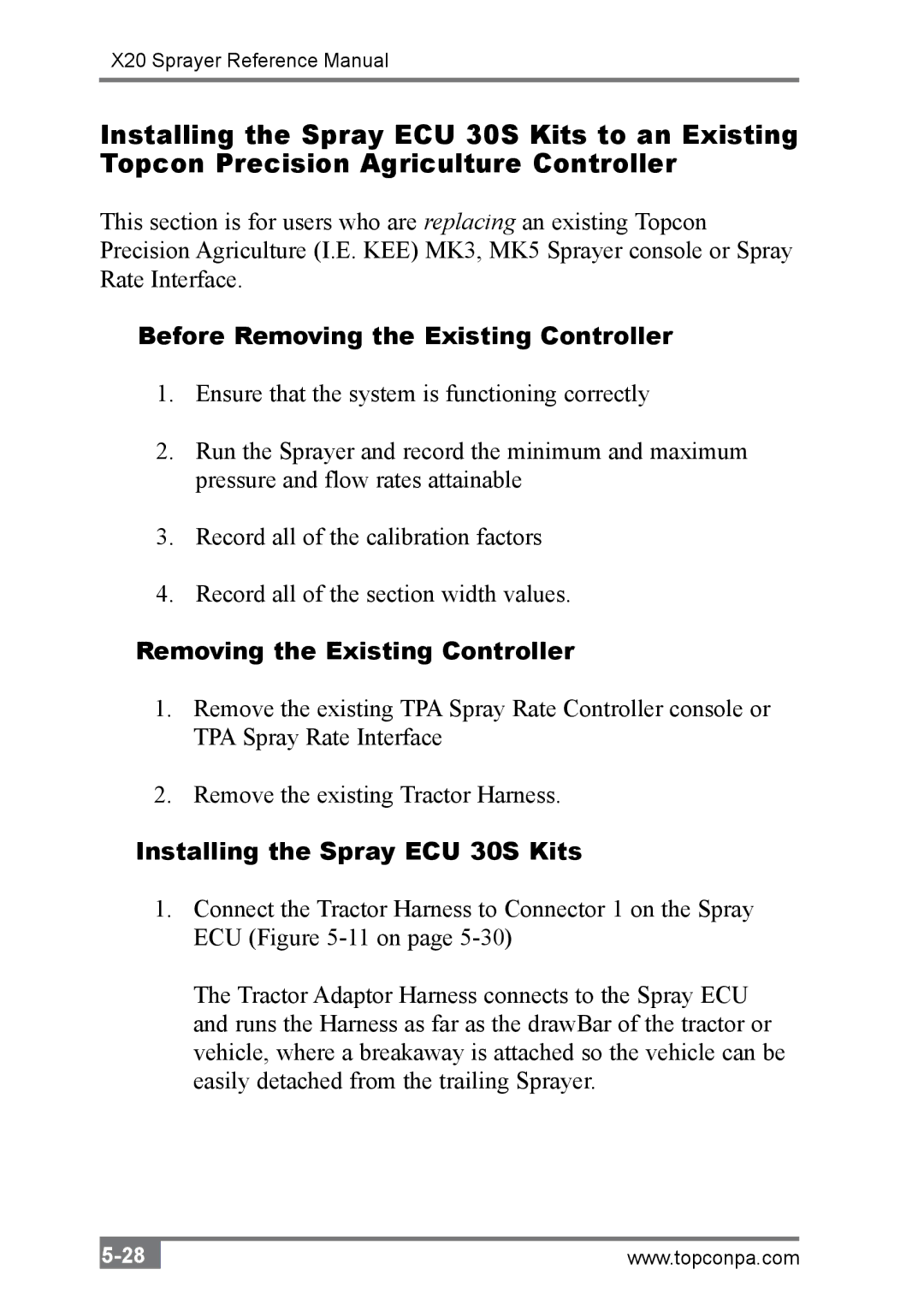 Topcon A2677 manual Before Removing the Existing Controller, Installing the Spray ECU 30S Kits 