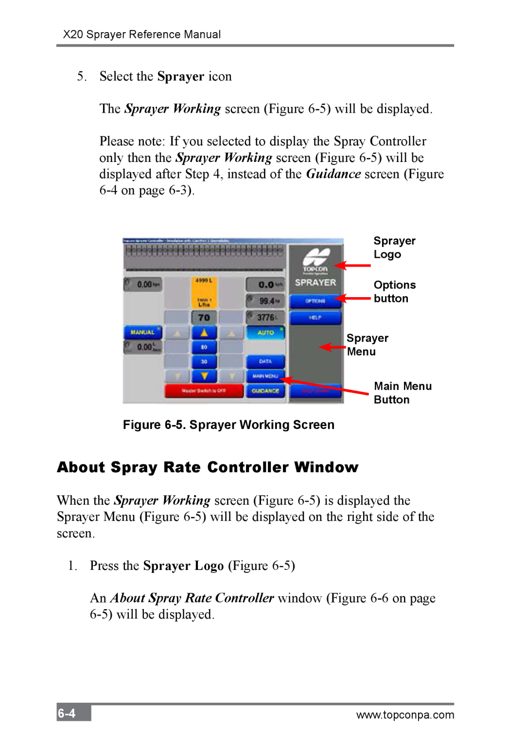 Topcon A2677 manual About Spray Rate Controller Window, Sprayer Working Screen 