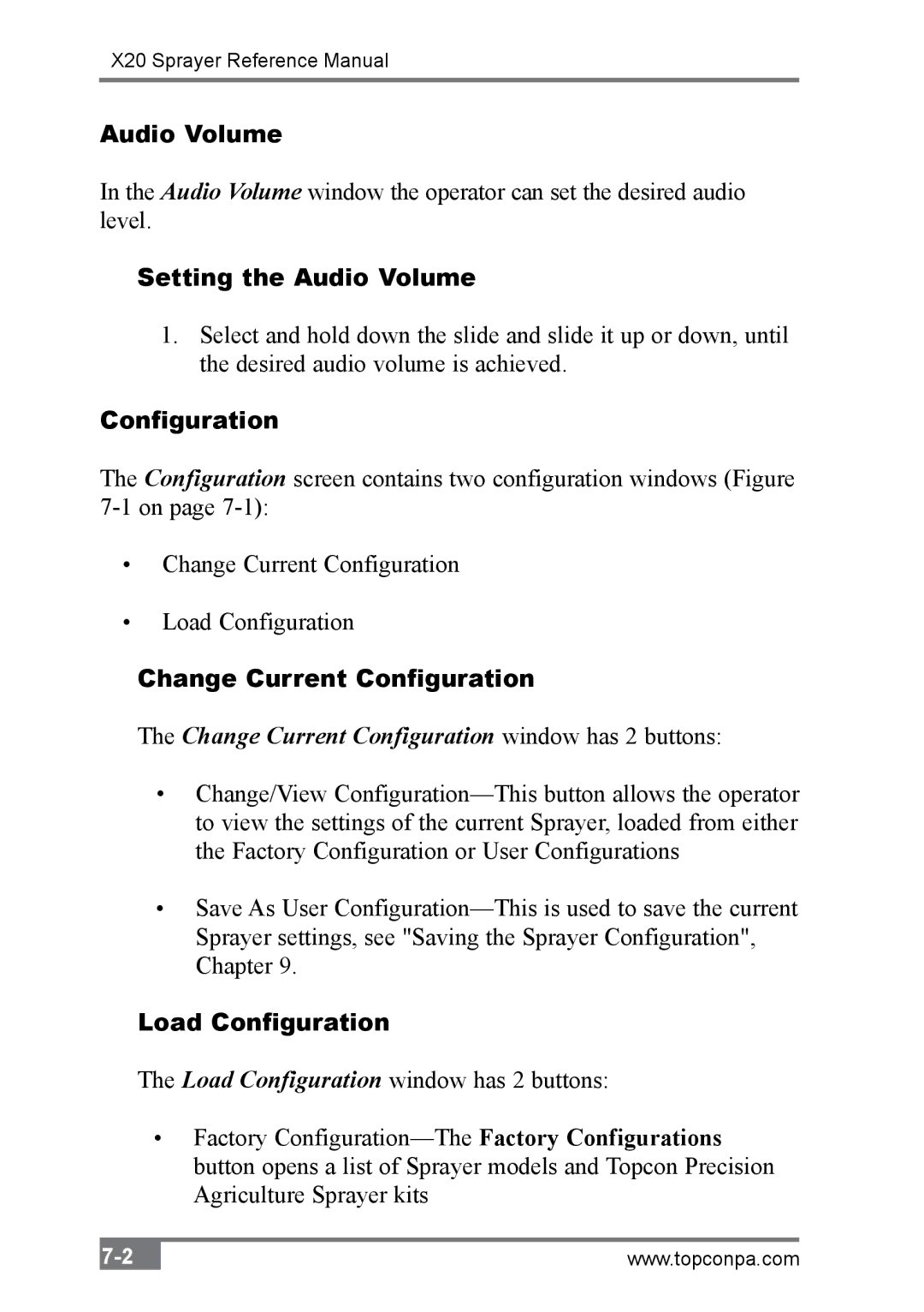 Topcon A2677 manual Setting the Audio Volume, Change Current Configuration, Load Configuration 