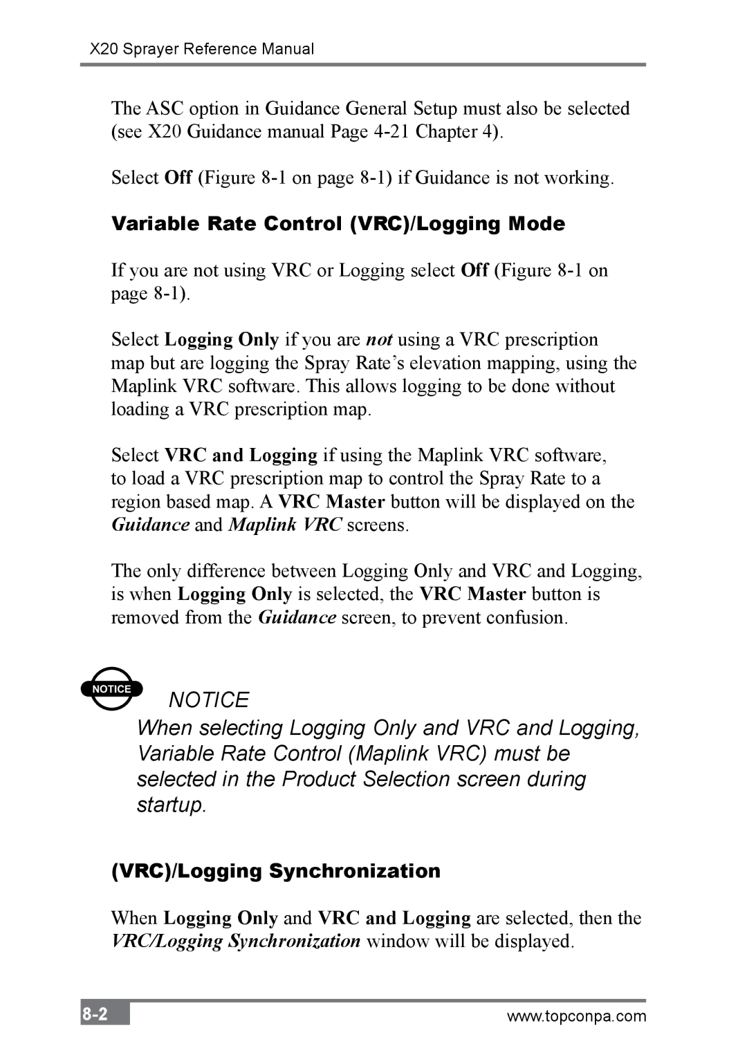 Topcon A2677 manual Variable Rate Control VRC/Logging Mode, VRC/Logging Synchronization 