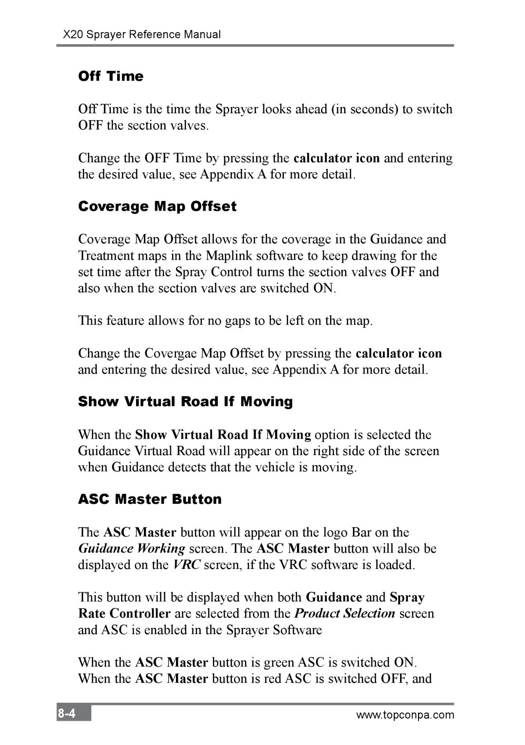 Topcon A2677 manual Off Time, Coverage Map Offset, Show Virtual Road If Moving, ASC Master Button 