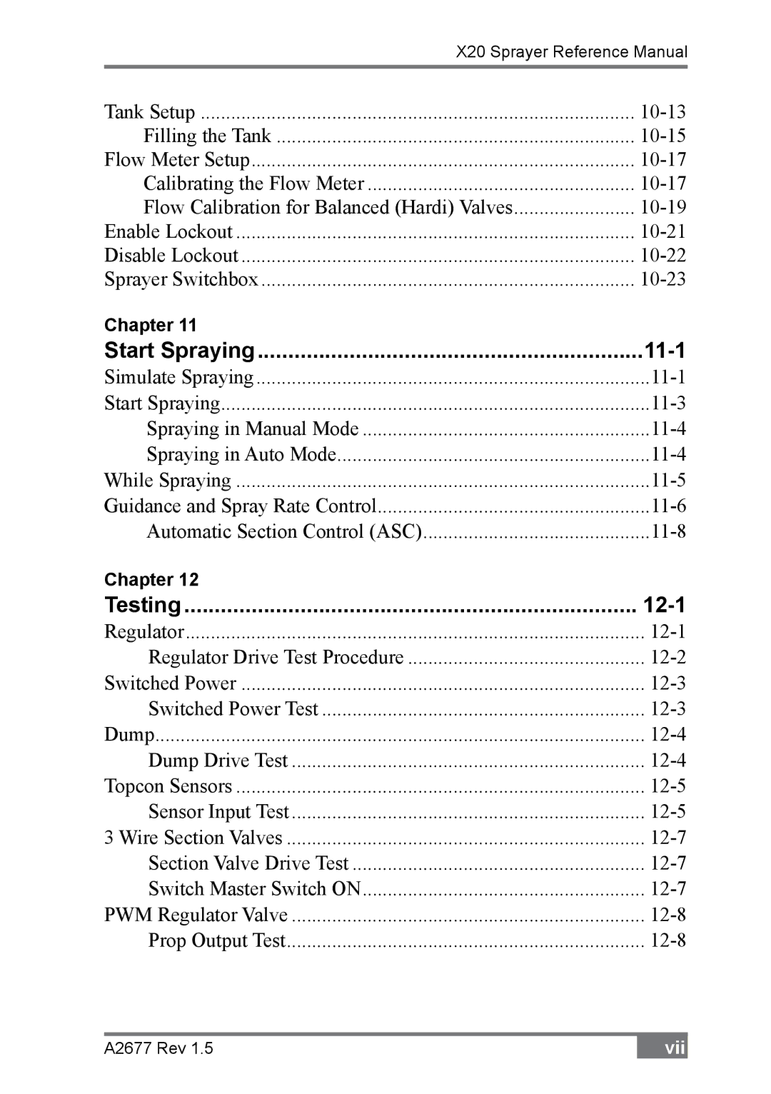 Topcon A2677 manual Start Spraying 11-1, Testing 12-1 