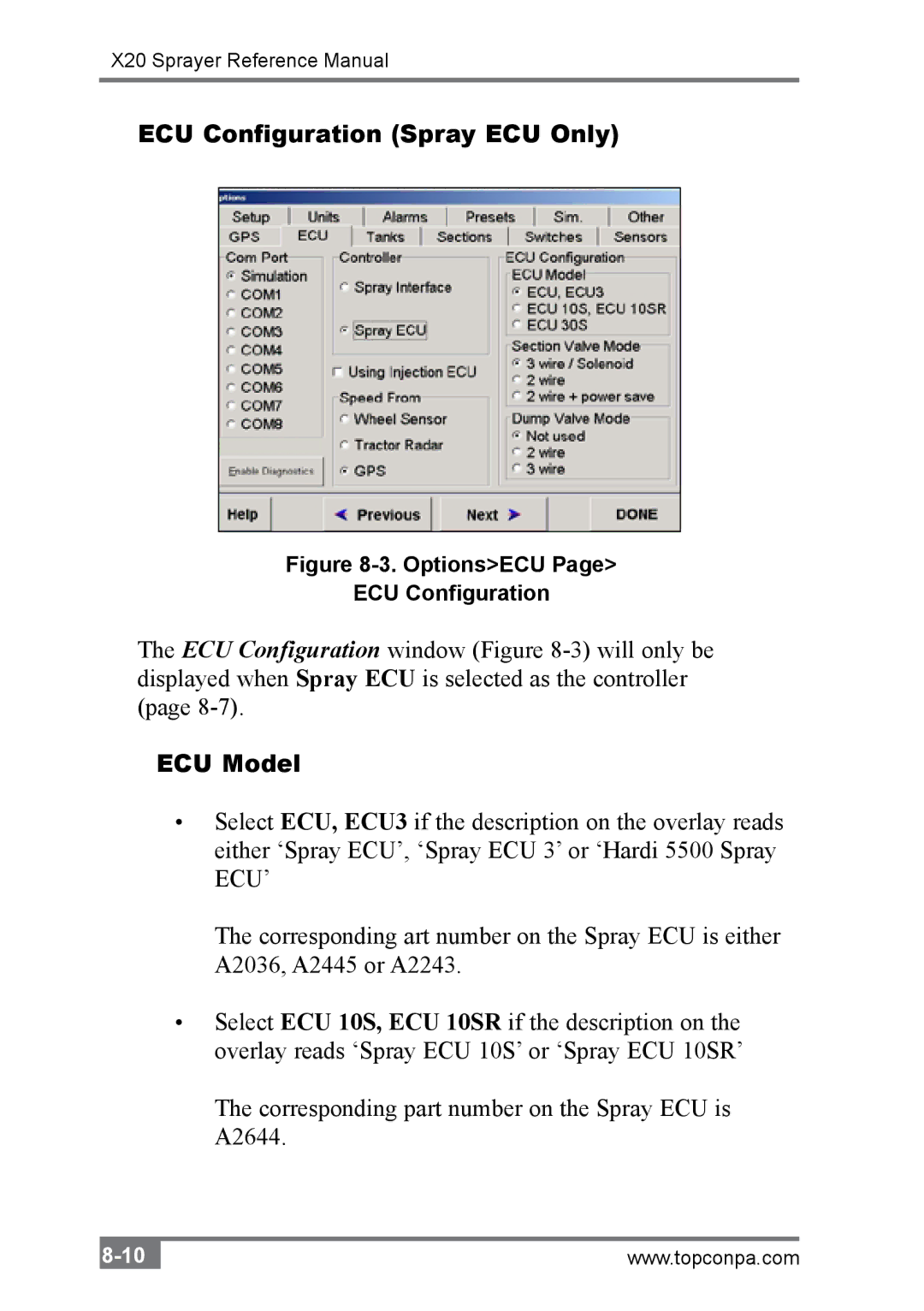 Topcon A2677 manual ECU Configuration Spray ECU Only, ECU Model 