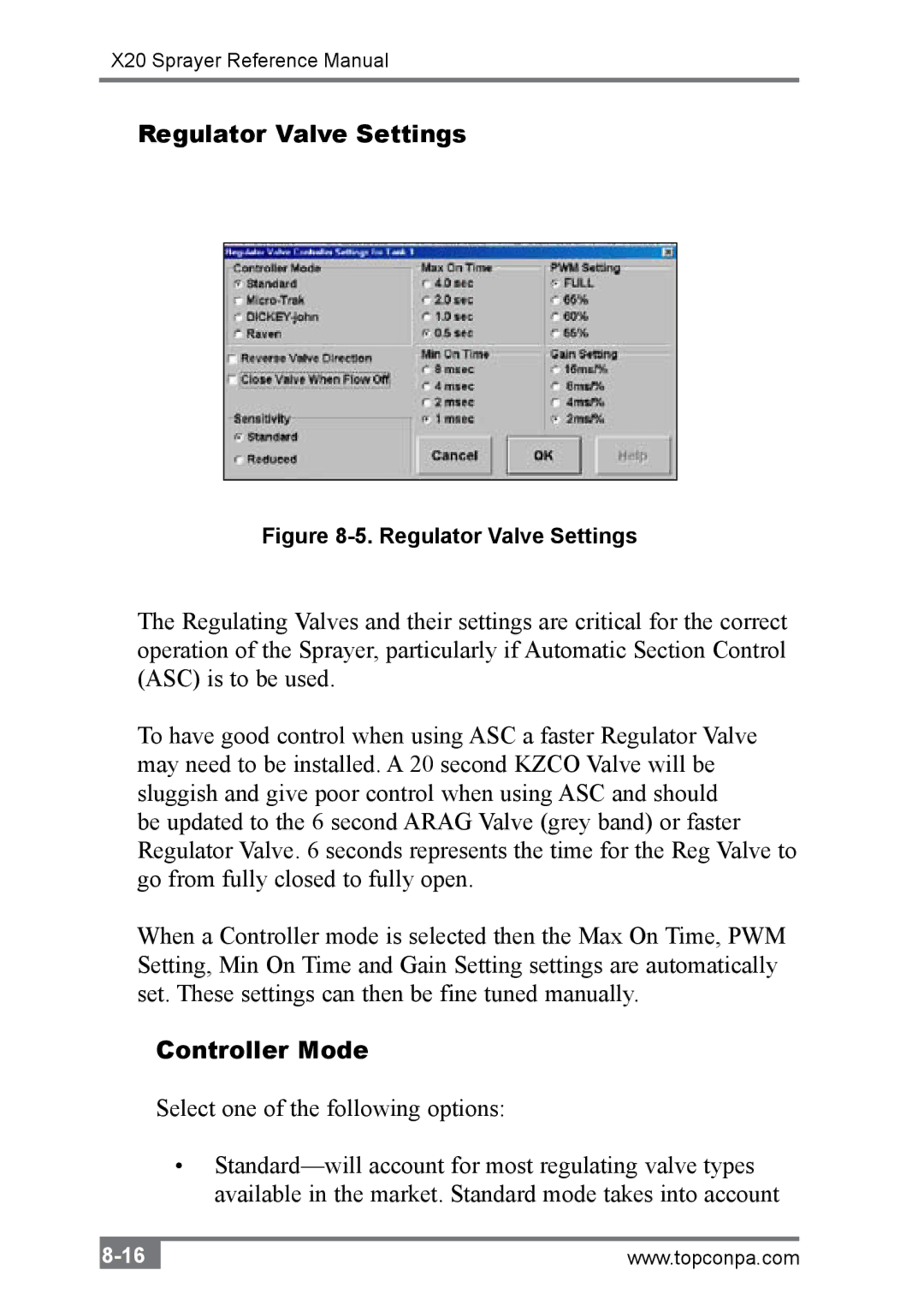 Topcon A2677 manual Regulator Valve Settings, Controller Mode 