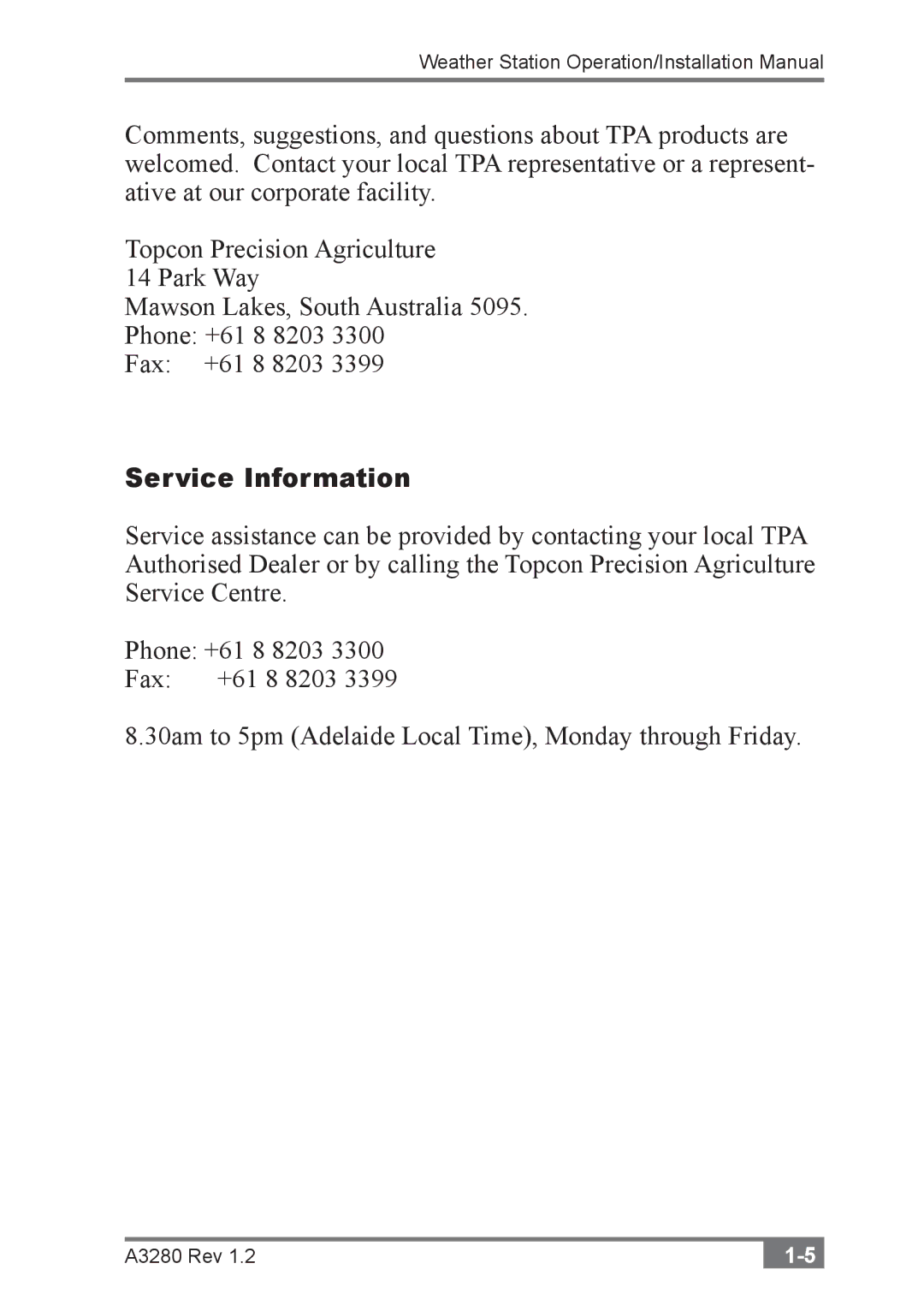 Topcon A3280 installation manual Service Information 