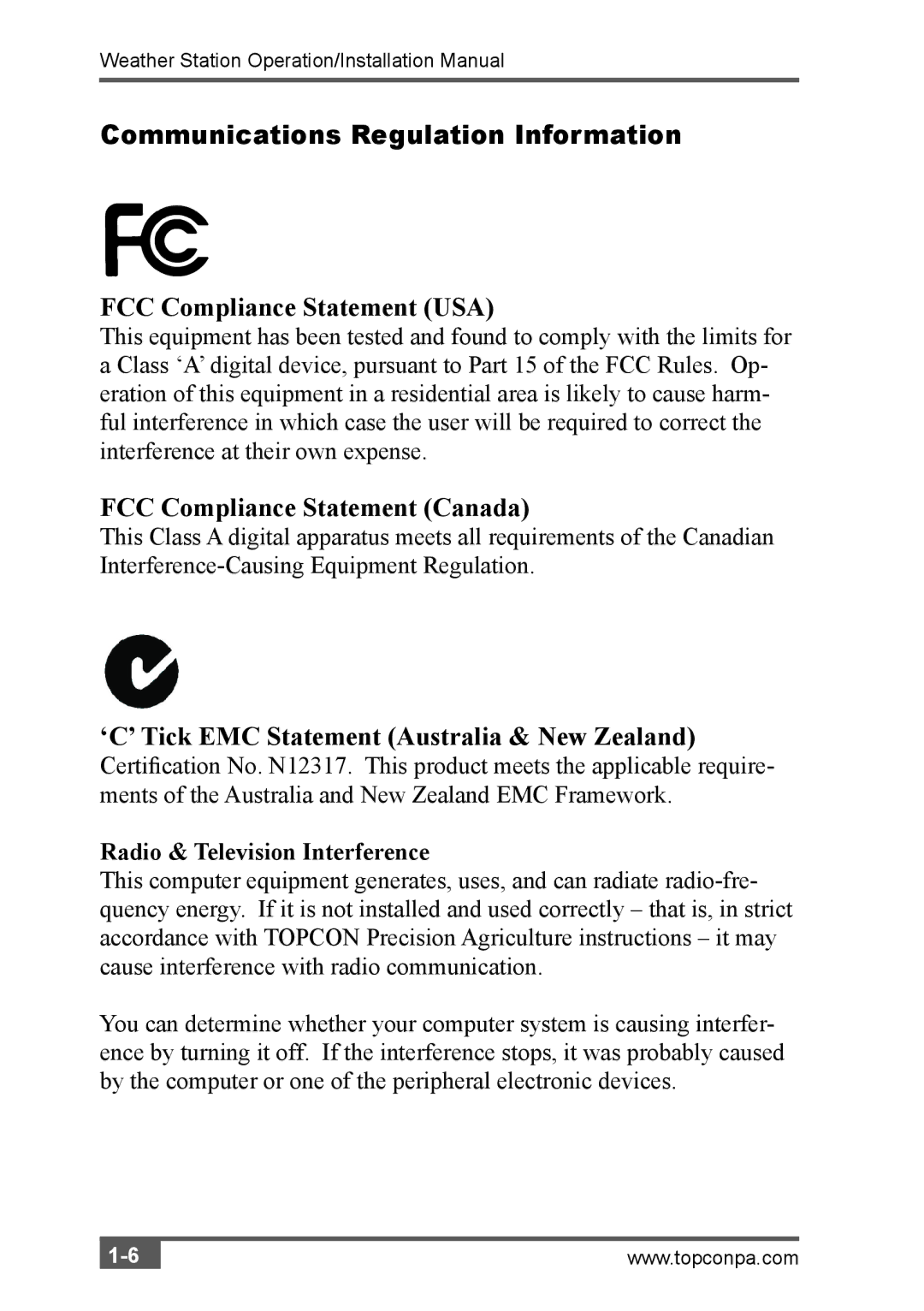 Topcon A3280 installation manual Communications Regulation Information, FCC Compliance Statement USA 