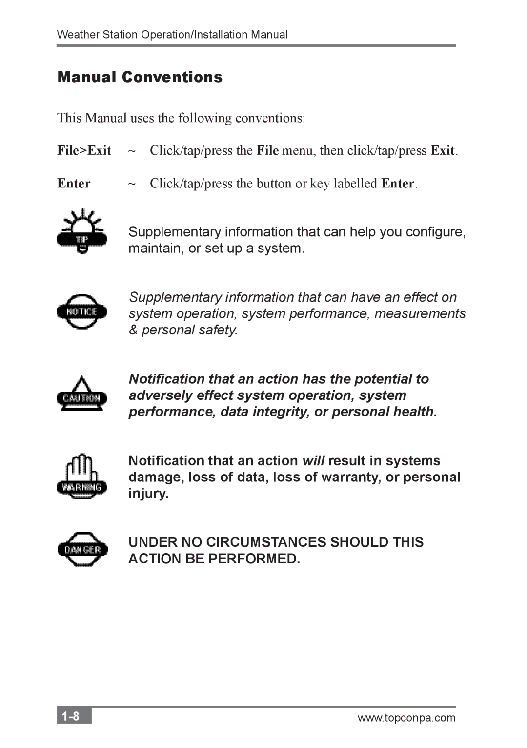 Topcon A3280 installation manual Manual Conventions 