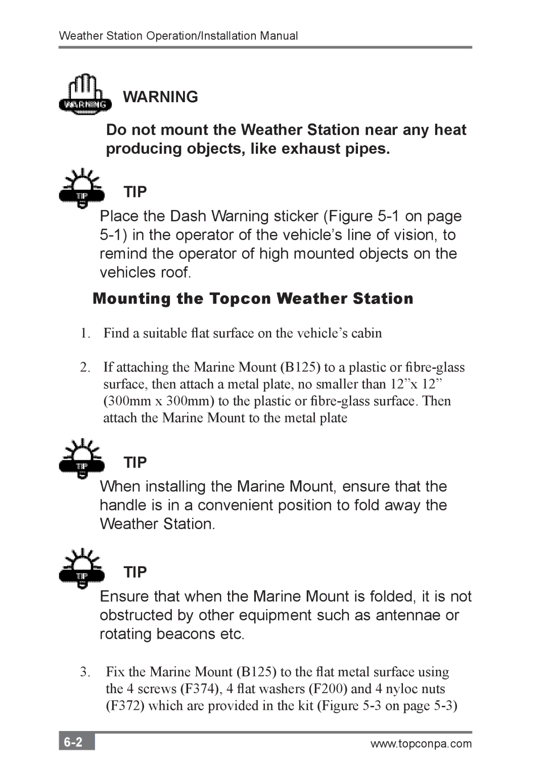 Topcon A3280 installation manual Tip, Mounting the Topcon Weather Station 