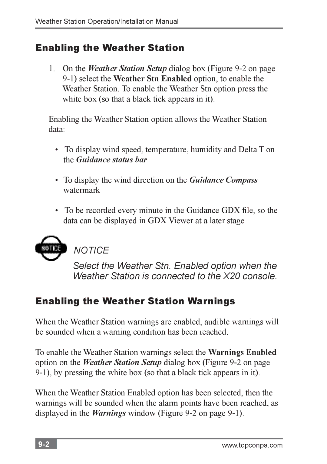 Topcon A3280 installation manual Enabling the Weather Station Warnings 