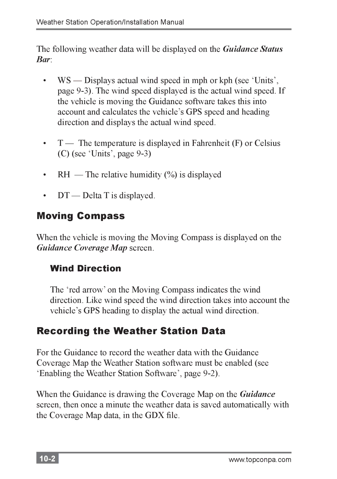 Topcon A3280 installation manual Moving Compass, Recording the Weather Station Data 