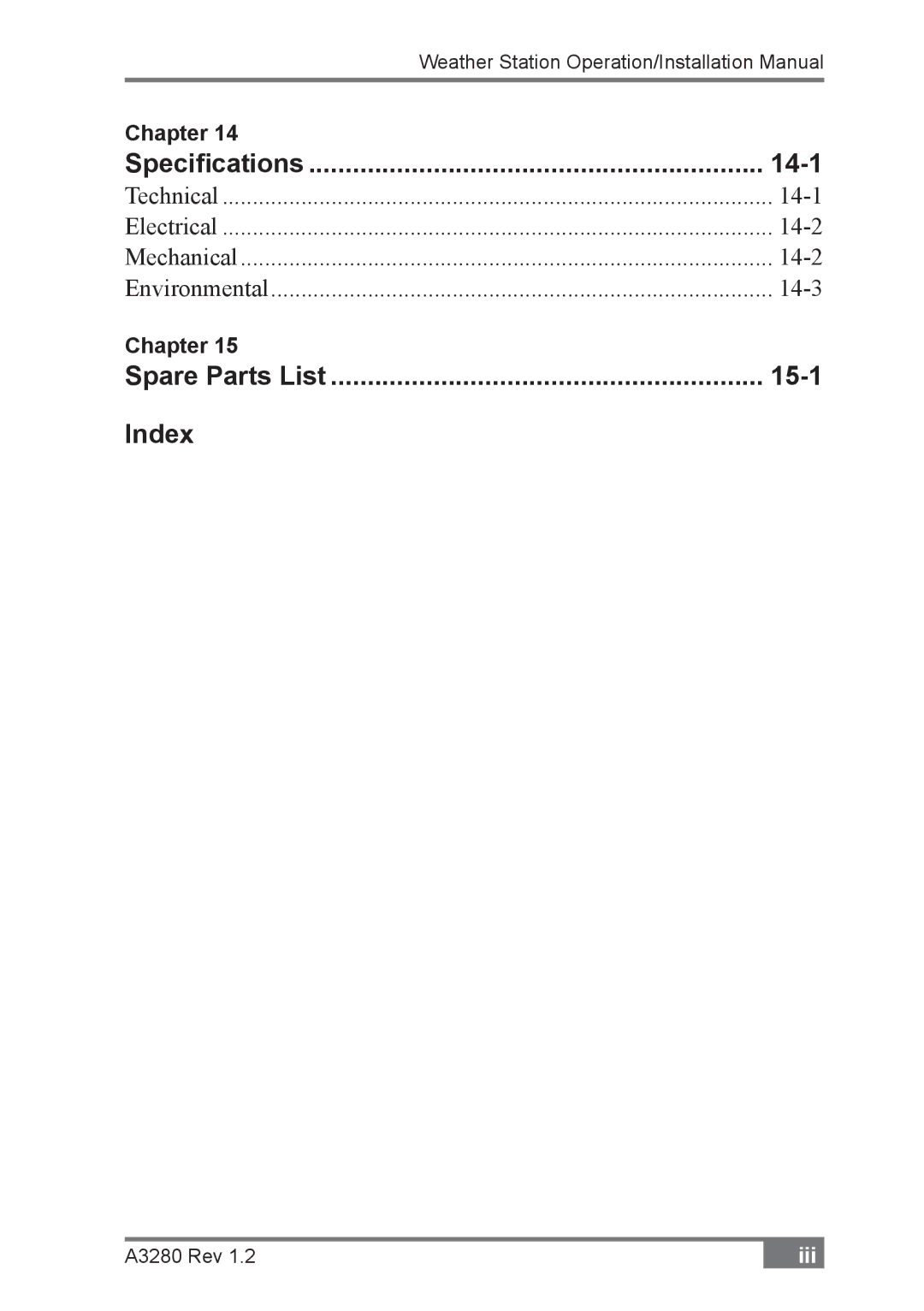 Topcon A3280 installation manual 14-1, 15-1, Index 