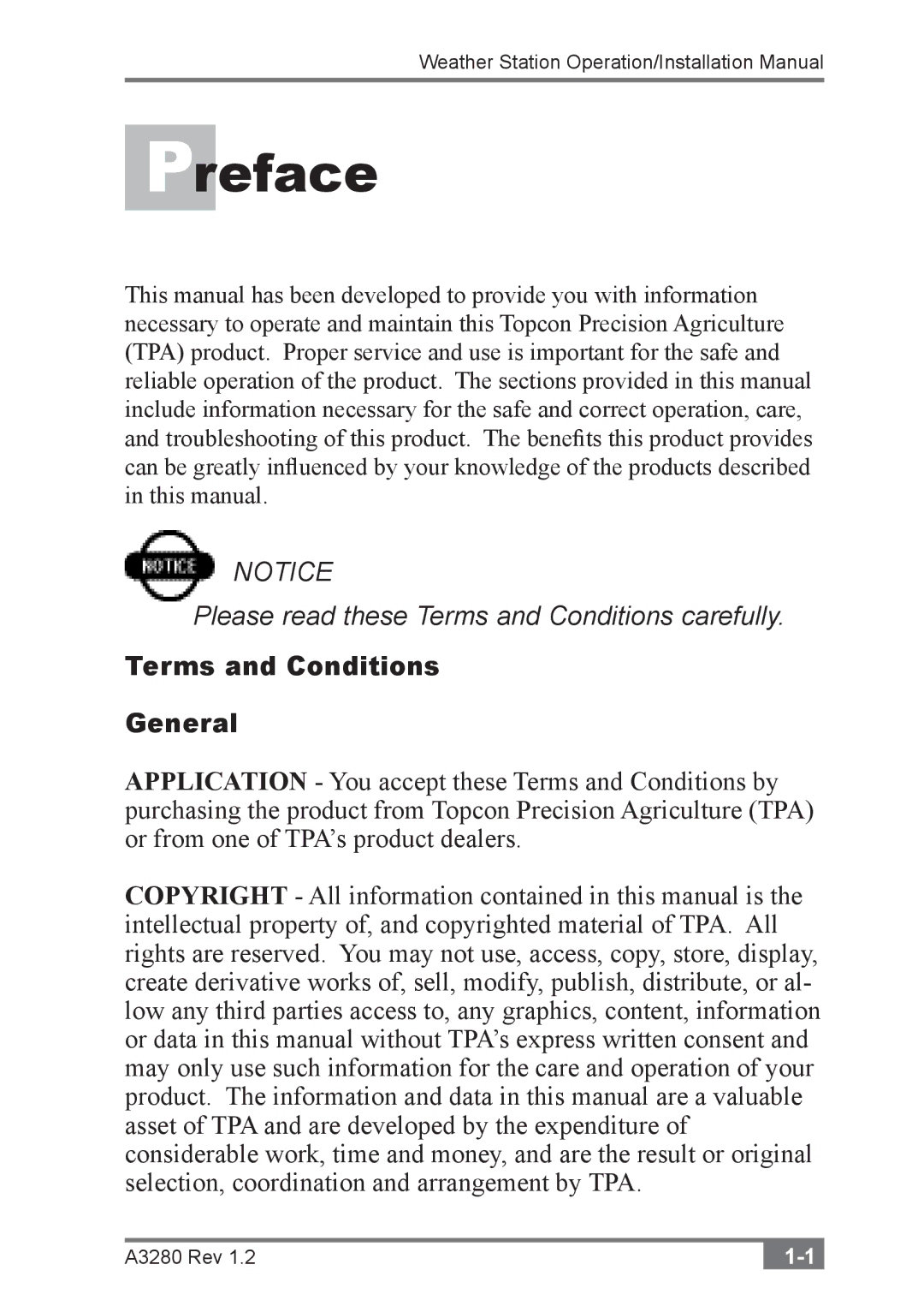 Topcon A3280 installation manual Preface, Terms and Conditions General 