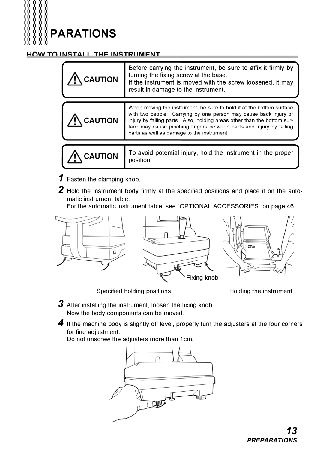 Topcon CT-80, COMPUTERIZED TONOMETER instruction manual Preparations, HOW to Install the Instrument 