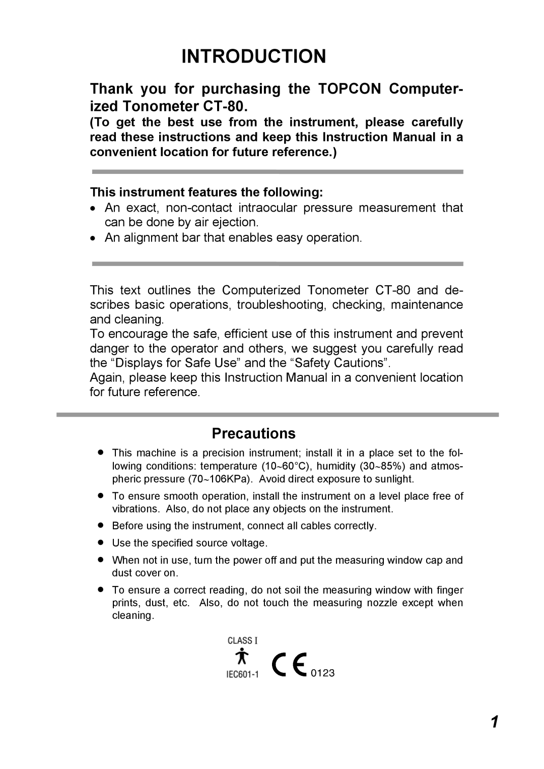 Topcon CT-80, COMPUTERIZED TONOMETER instruction manual Introduction, This instrument features the following 