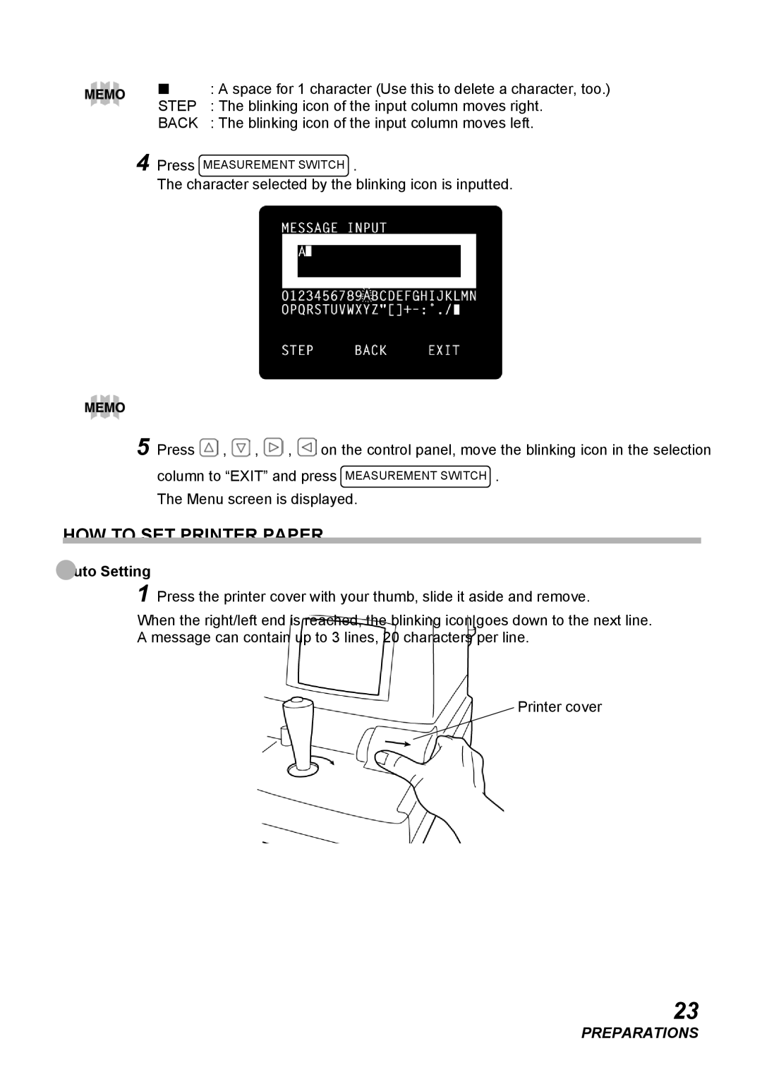 Topcon CT-80, COMPUTERIZED TONOMETER instruction manual HOW to SET Printer Paper, Step, Back, Auto Setting 