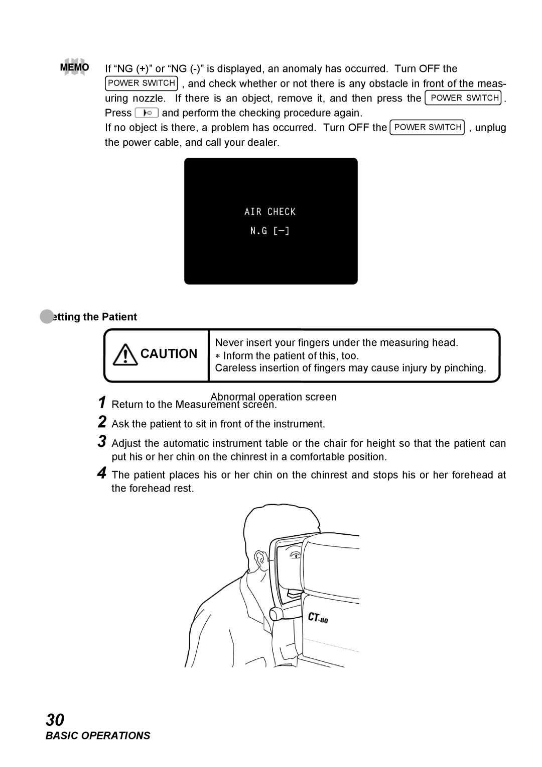 Topcon COMPUTERIZED TONOMETER, CT-80 instruction manual Setting the Patient 