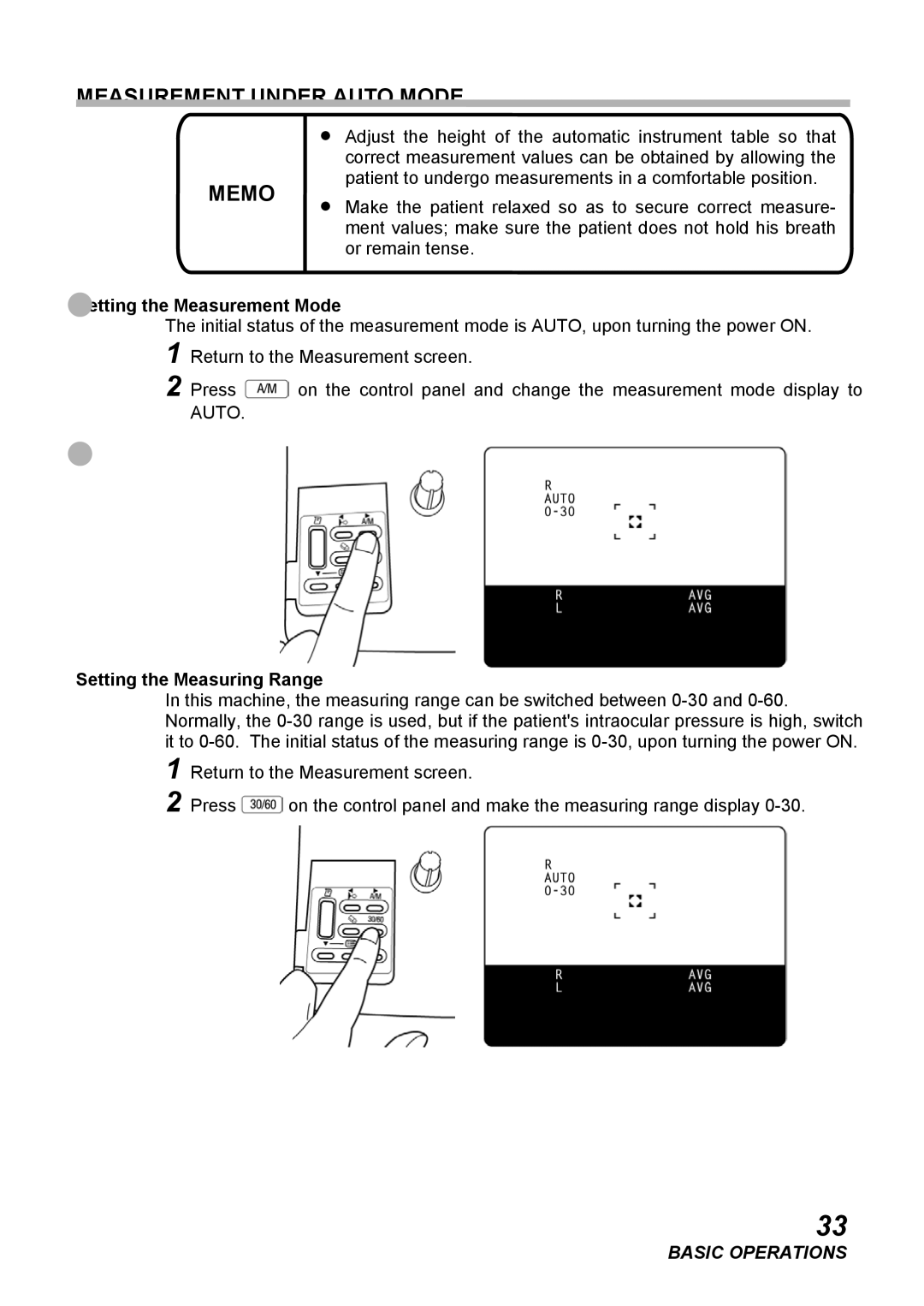 Topcon CT-80 instruction manual Measurement Under Auto Mode Memo, Setting the Measurement Mode, Setting the Measuring Range 