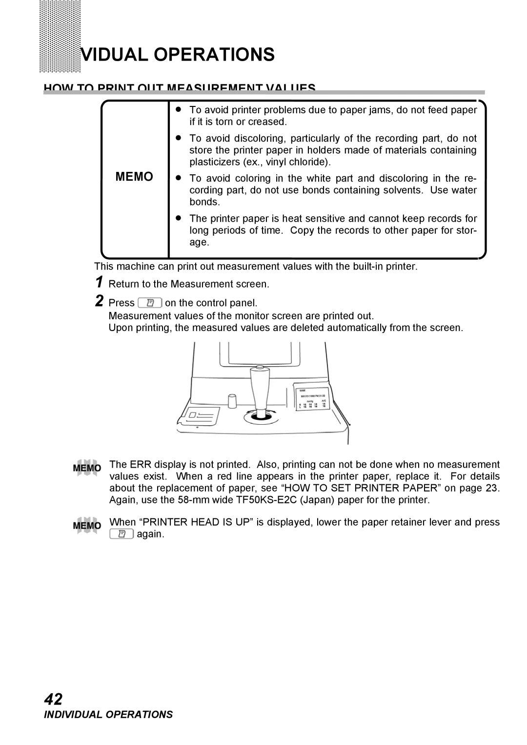 Topcon COMPUTERIZED TONOMETER, CT-80 instruction manual Individual Operations, HOW to Print OUT Measurement Values 