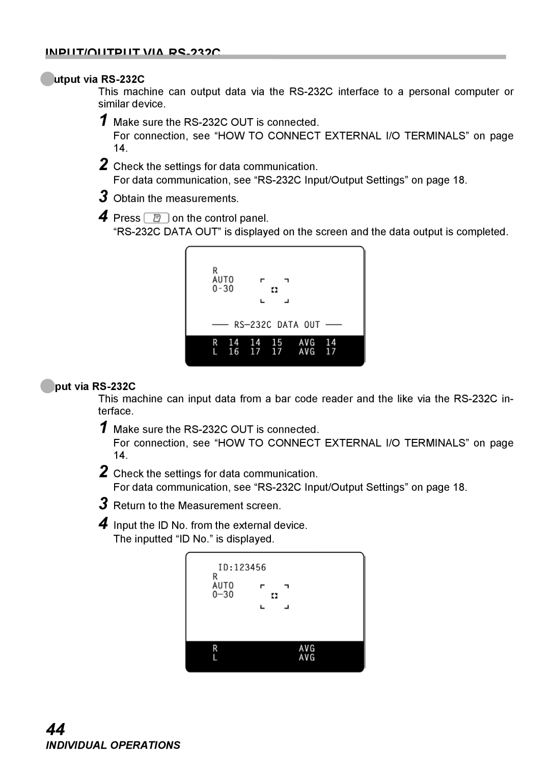 Topcon COMPUTERIZED TONOMETER, CT-80 instruction manual INPUT/OUTPUT VIA RS-232C, Output via RS-232C, Input via RS-232C 