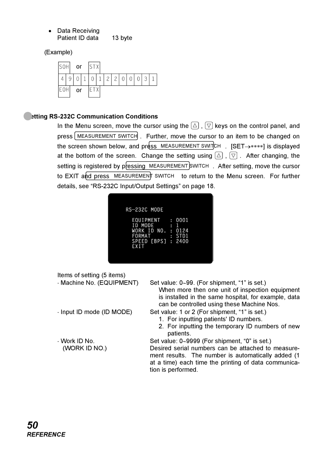 Topcon COMPUTERIZED TONOMETER, CT-80 instruction manual Setting RS-232C Communication Conditions, Work ID no 