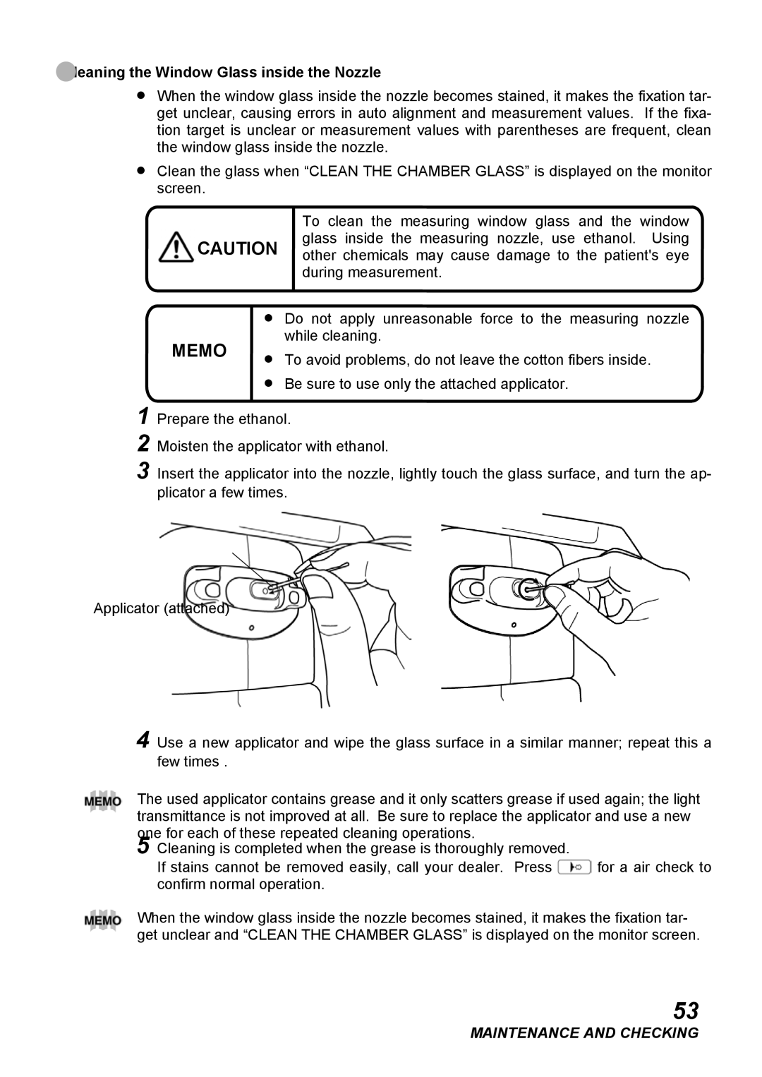 Topcon CT-80, COMPUTERIZED TONOMETER instruction manual Cleaning the Window Glass inside the Nozzle 