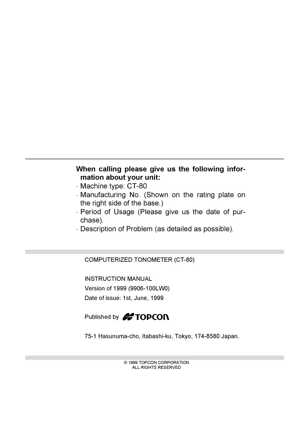 Topcon COMPUTERIZED TONOMETER instruction manual Computerized Tonometer CT-80 