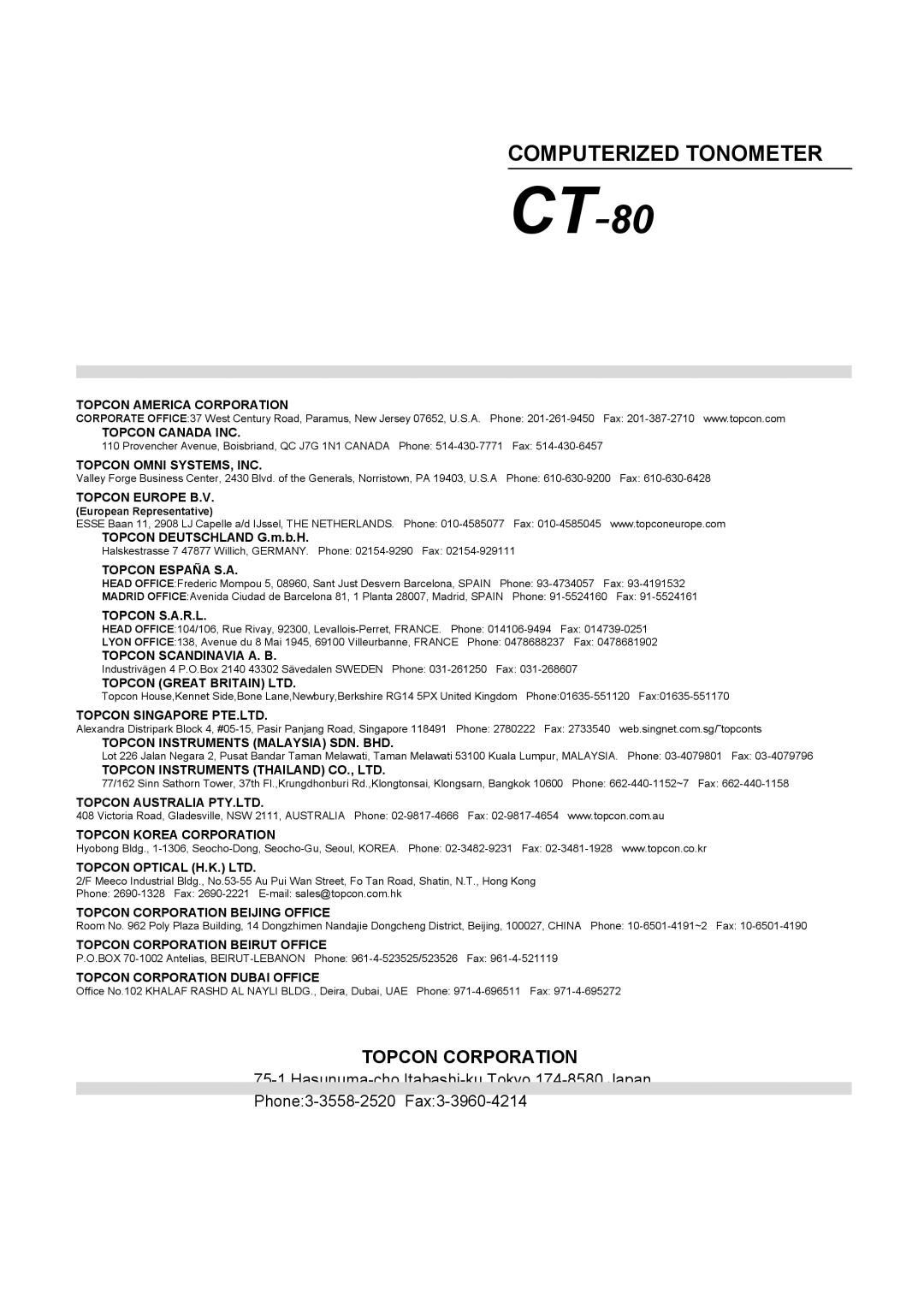 Topcon COMPUTERIZED TONOMETER, CT-80 instruction manual Computerized Tonometer, Topcon Omni SYSTEMS, INC 