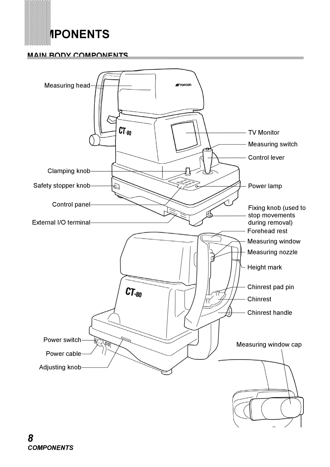 Topcon COMPUTERIZED TONOMETER, CT-80 instruction manual Main Body Components 