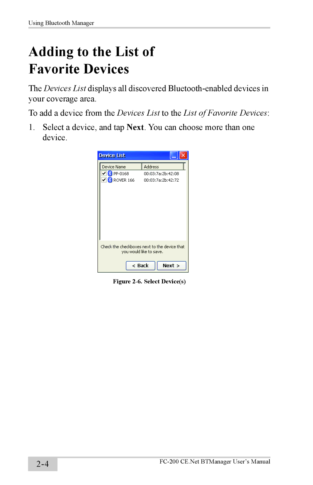 Topcon FC-200 with Windows CE5.0 instruction manual Adding to the List Favorite Devices, Select Devices 