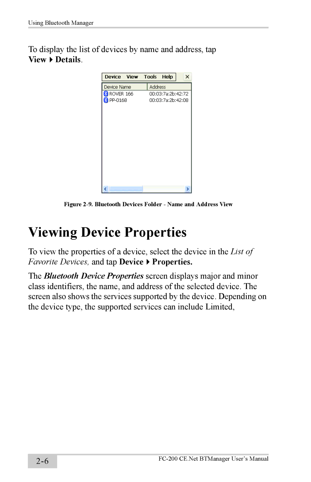 Topcon FC-200 with Windows CE5.0 Viewing Device Properties, Bluetooth Devices Folder Name and Address View 