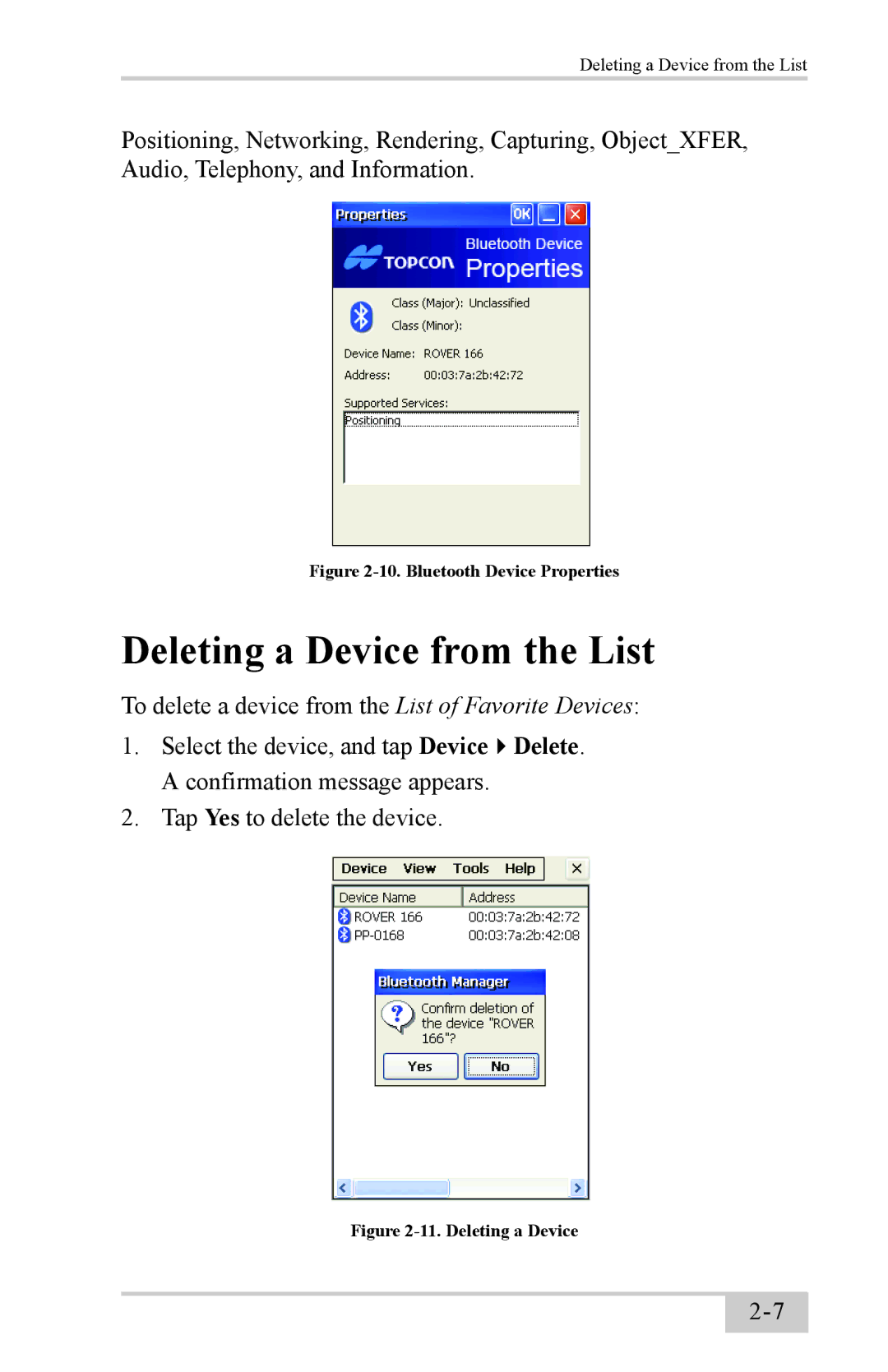 Topcon FC-200 with Windows CE5.0 instruction manual Deleting a Device from the List, Bluetooth Device Properties 